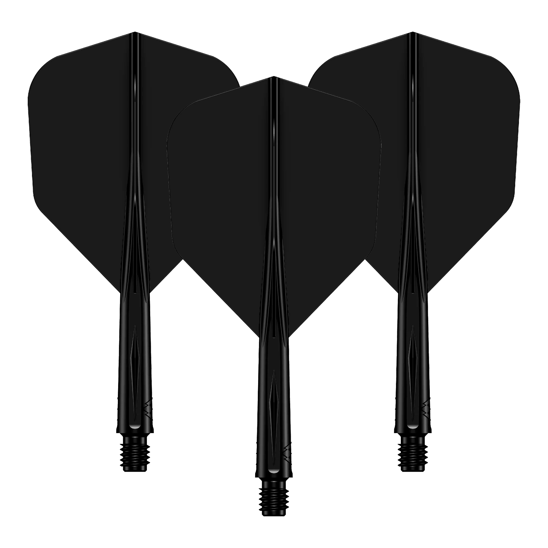 Mission Force 90 No6 Flight Shaft System - Zwart Das Bild zeigt drei schwarze Dartflights mit passenden Dartschäften. Sie sind hintereinander angeordnet und haben eine glänzende Oberfläche.