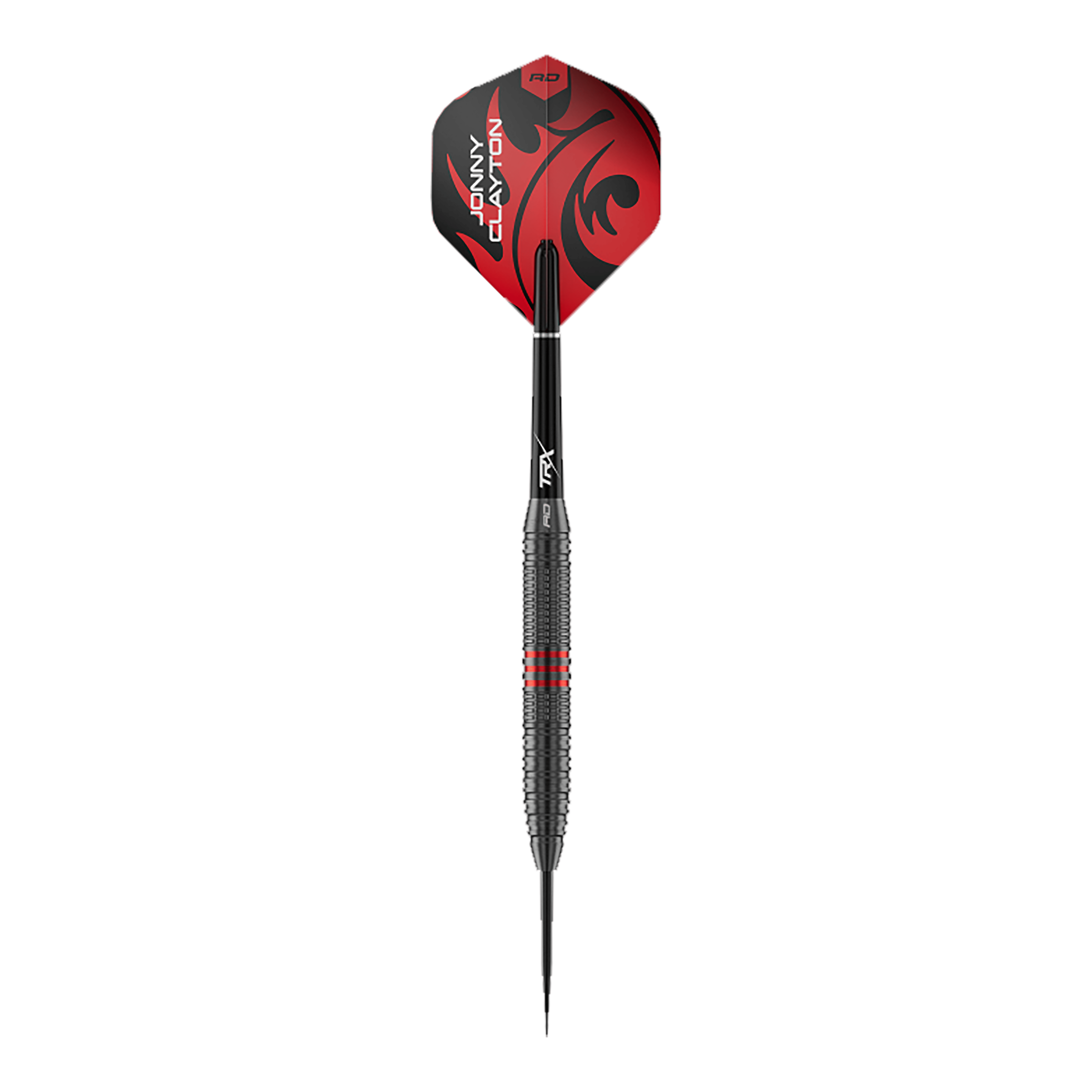 Red Dragon Jonny Clayton Core Brass Steeldarts - 21 g Abgebildet ist ein einzelner Red Dragon Jonny Clayton Core Brass Steeldart mit 21g Gewicht. Der Dart zeigt goldene Akzente und ein markantes Griffdesign.