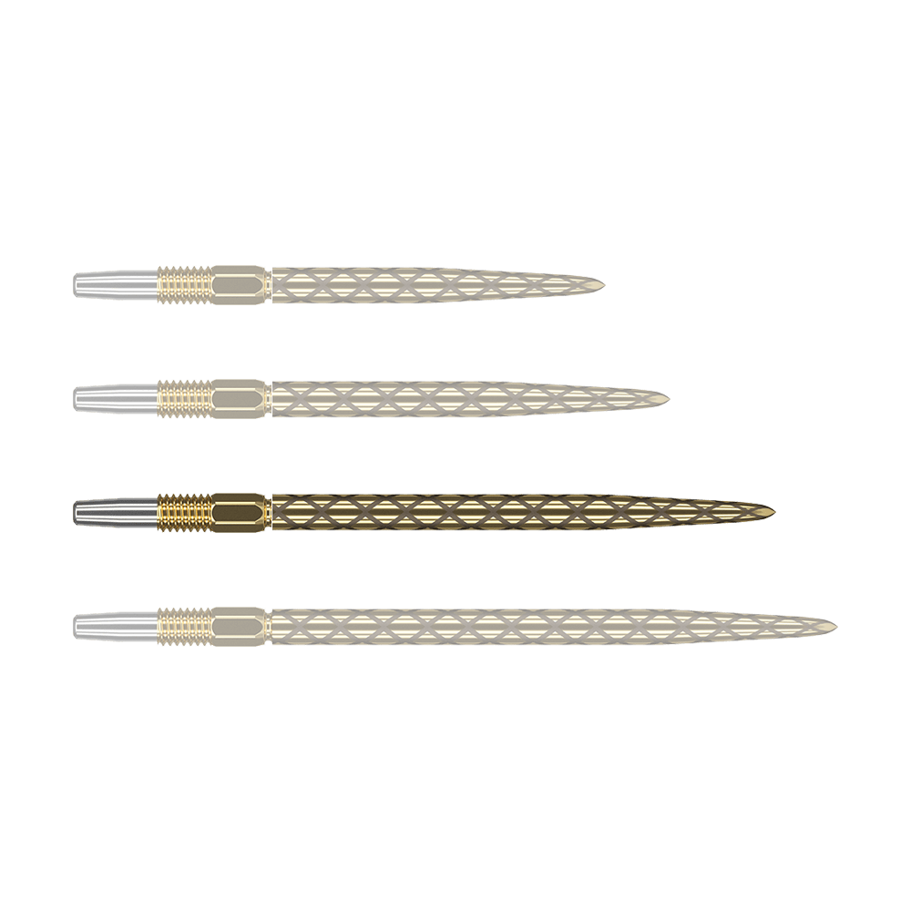 Target Swiss Diamond Pro Gold dartpunten Das Bild zeigt vier goldfarbene Dartspitzen mit rautenförmigem Muster. Die Spitzen sind nebeneinander angeordnet und haben am Ende einen silbernen Abschnitt.