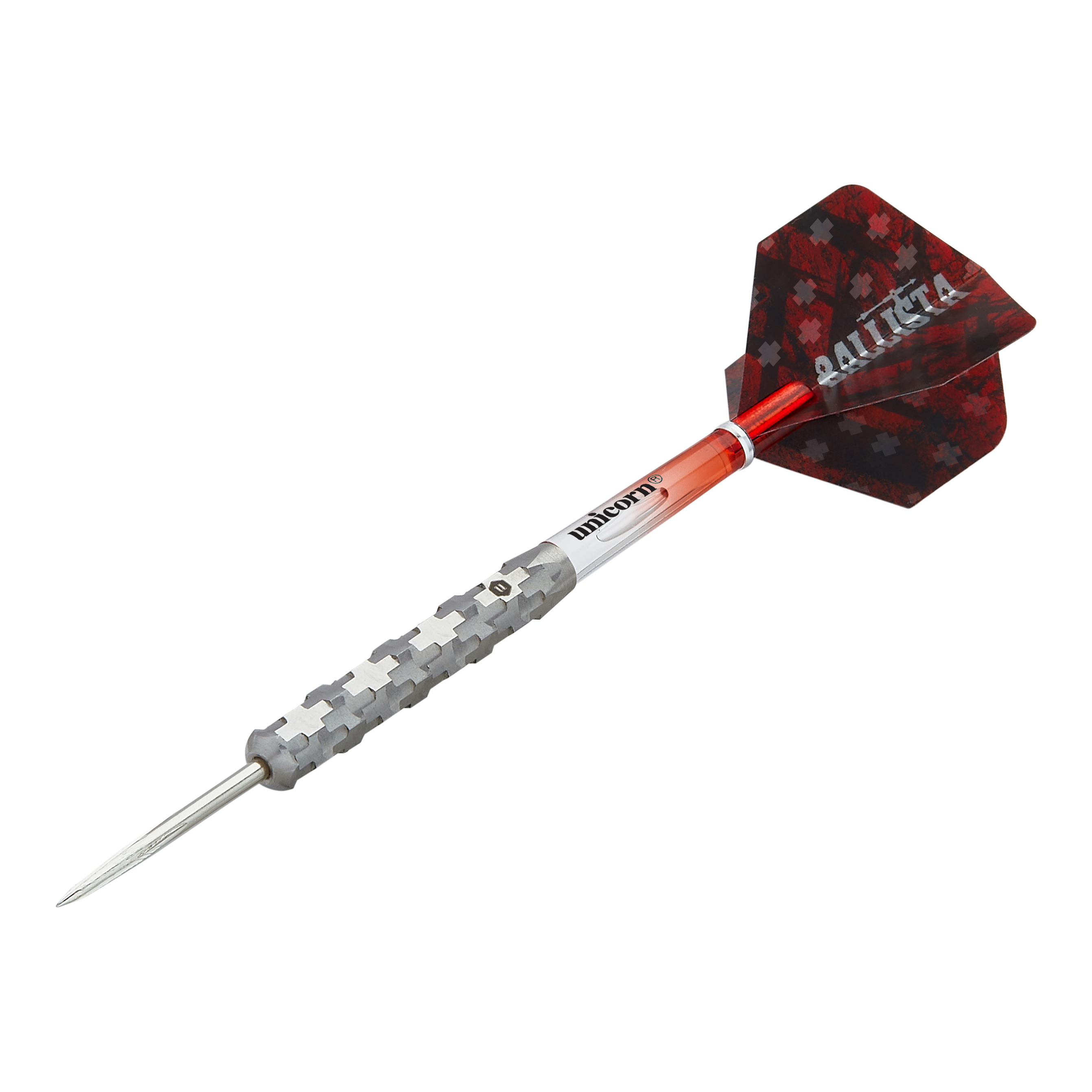 Unicorn Ballista Style 1 stalen darts Dies ist ein Steeldart aus der Produktreihe "Unicorn Ballista Style 1". Er hat einen silbernen, strukturierten Schaft und rote Flights mit Muster.