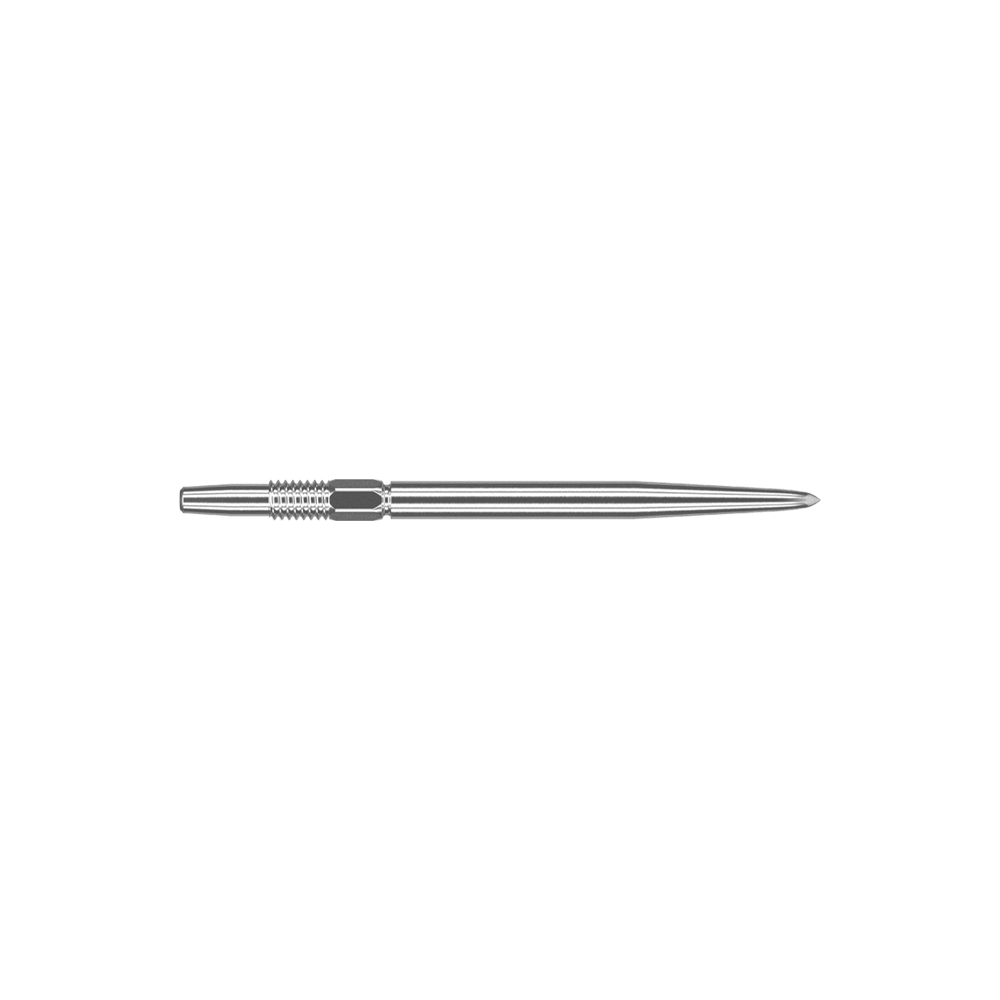 Target Swiss Point Zilveren dartpunten Das Bild zeigt eine silberne Dartspitze mit einer Länge von 30 mm. Die Spitze ist schmal und hat feine Rillen im hinteren Bereich für besseren Halt.