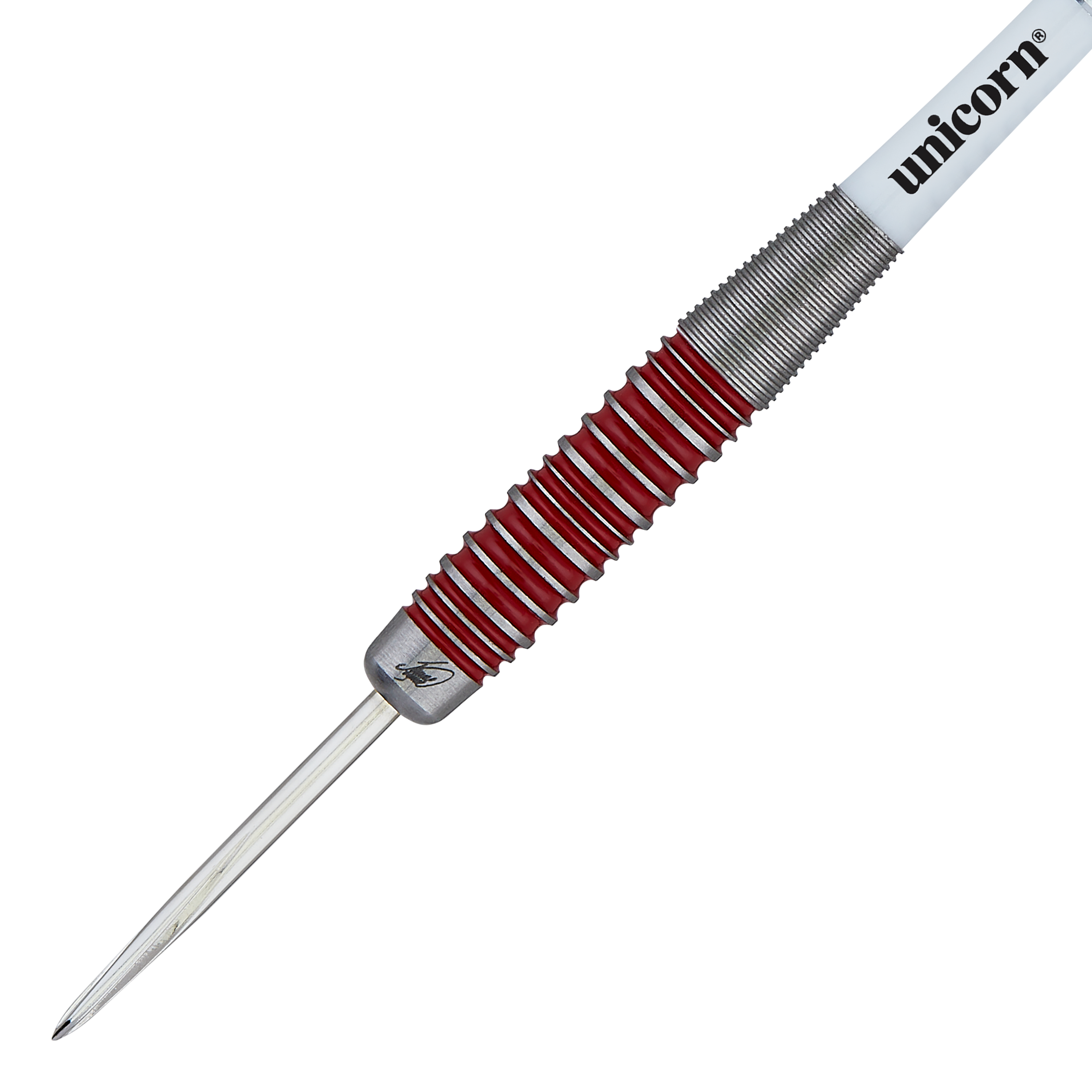 Unicorn The Machine James Wade 90% stalen darts Das Bild zeigt einen Steeldartpfeil der Marke Unicorn aus der "The Machine James Wade 90%" Serie. Der Dart hat ein silbernes und rotes Griffstück sowie eine weiße Schaft mit dem Schriftzug "unicorn".