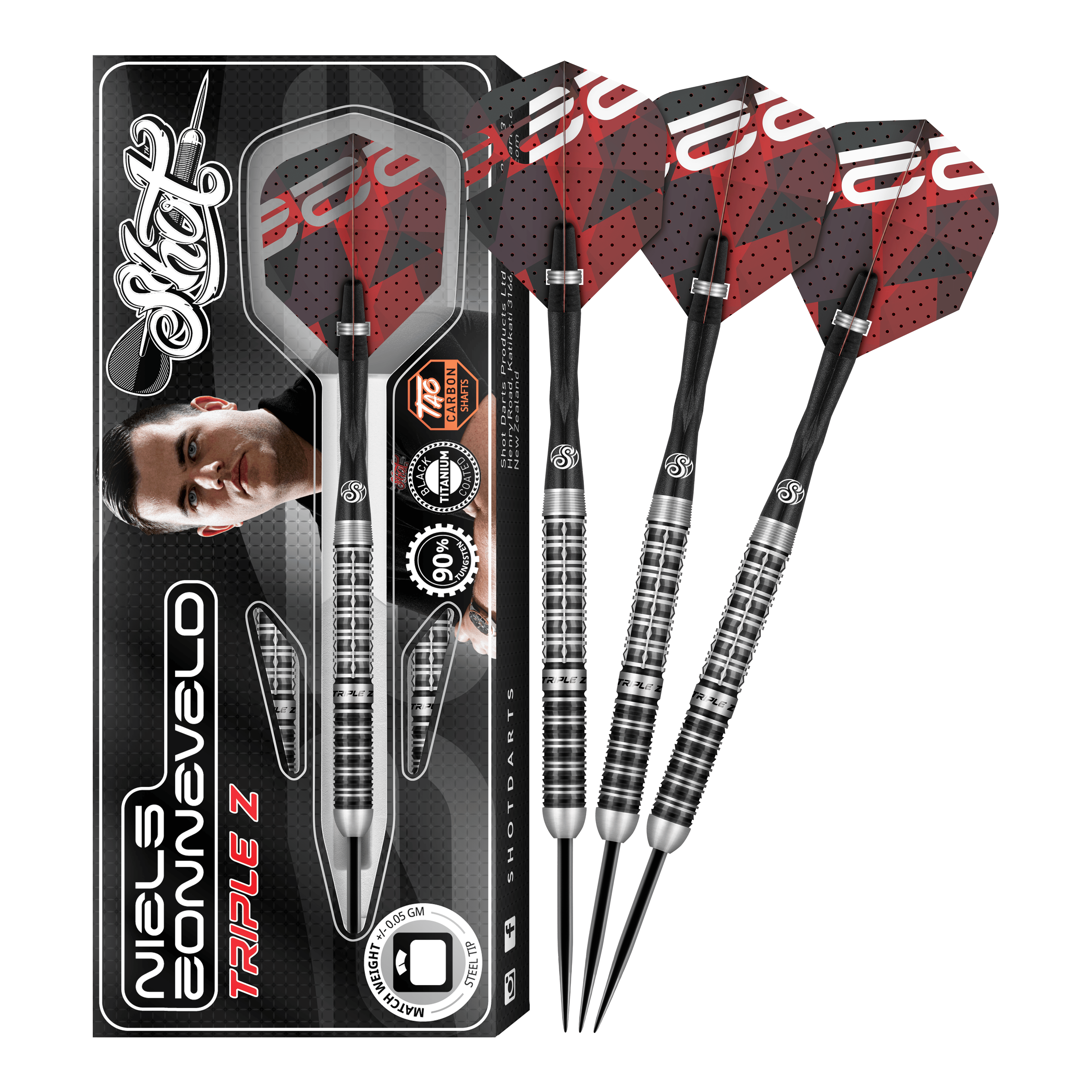 Shot van Niels Zonneveld V2 stalen darts Das Bild zeigt das Produkt "Shot Niels Zonneveld V2 Steeldarts" samt Verpackung und vier Steeldarts. Die Darts haben ein silber-schwarzes Design mit roten Flights.