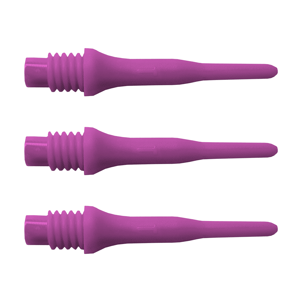896_Bulls_Tefo_X_Softdart-Spitzen_100erPack_Pink_1 Das Bild zeigt drei lila Kunststoffspitzen mit Gewinde. Es handelt sich um das Produkt "Bulls Tefo X Spitzen (100er Pack)".