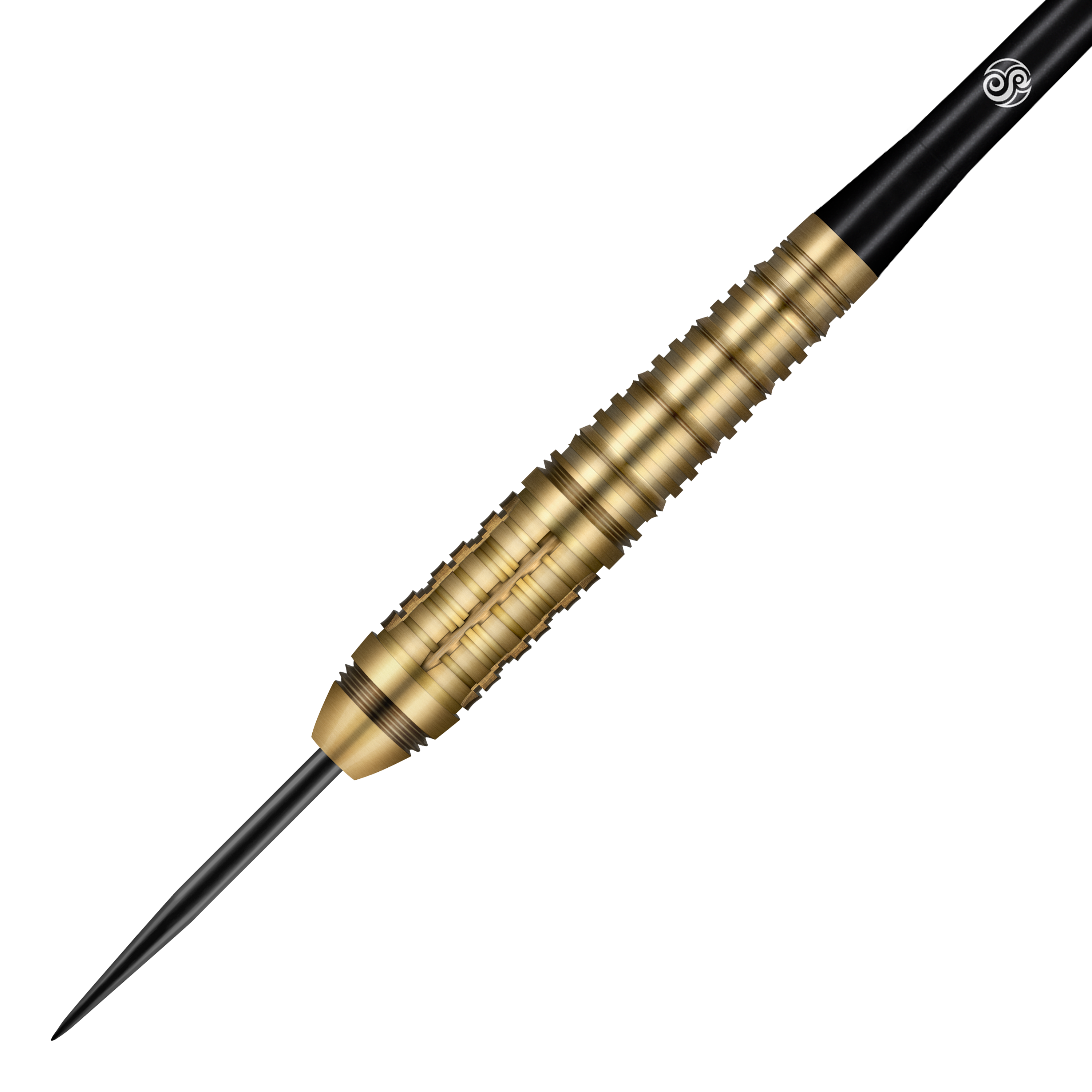 Shot Redline Mach 1 stalen darts Das Bild zeigt einen Steeldart der Marke Shot Redline Mach 1. Der Dart hat eine goldene, geriffelte Oberfläche und eine schwarze Spitze.