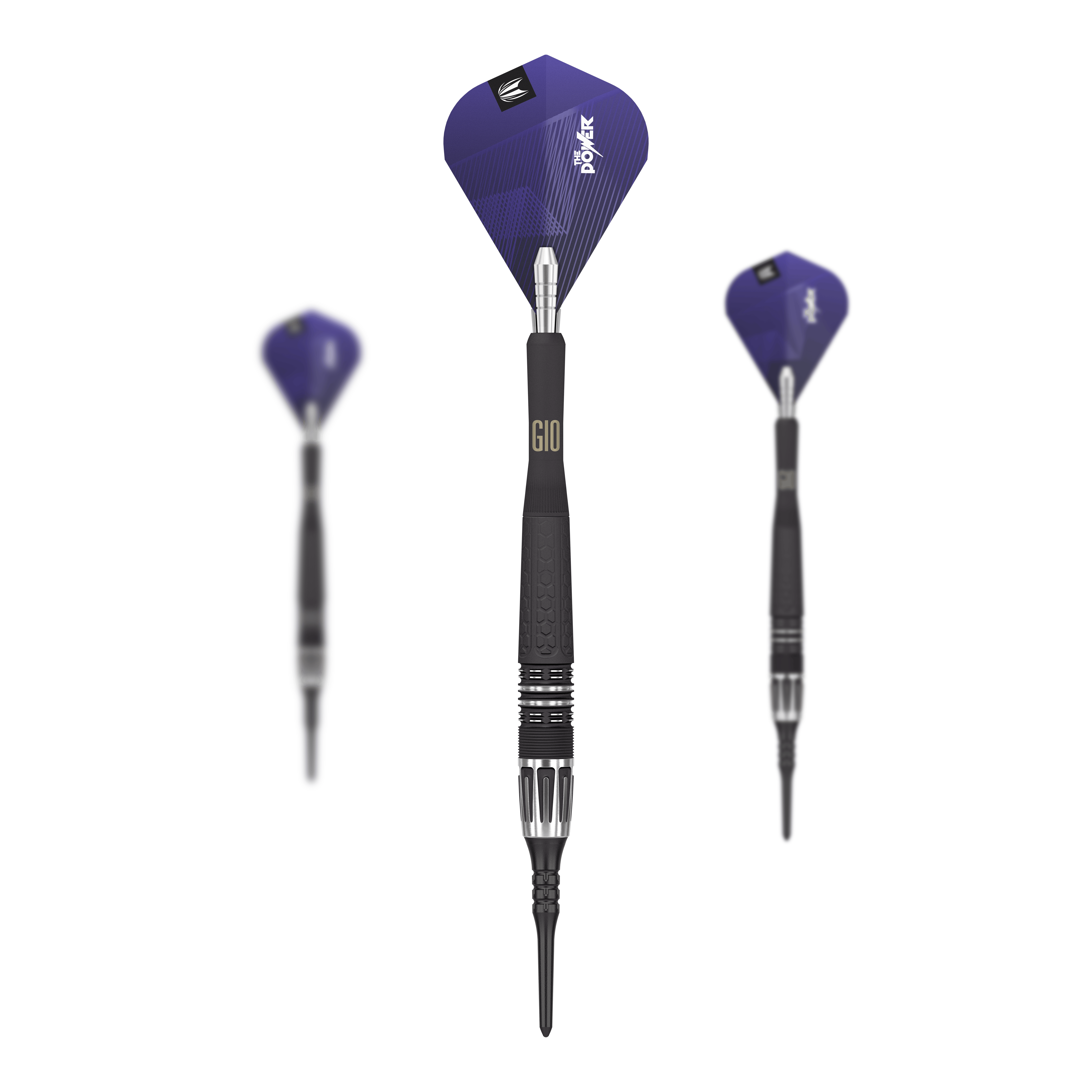 Target Phil Taylor Power 9Five GEN10 zachte darts Auf dem Bild sind drei Target Phil Taylor Power 9Five GEN10 Softdarts zu sehen. Die Darts haben schwarze Griffe und blaue Flights mit dem Aufdruck "Power".