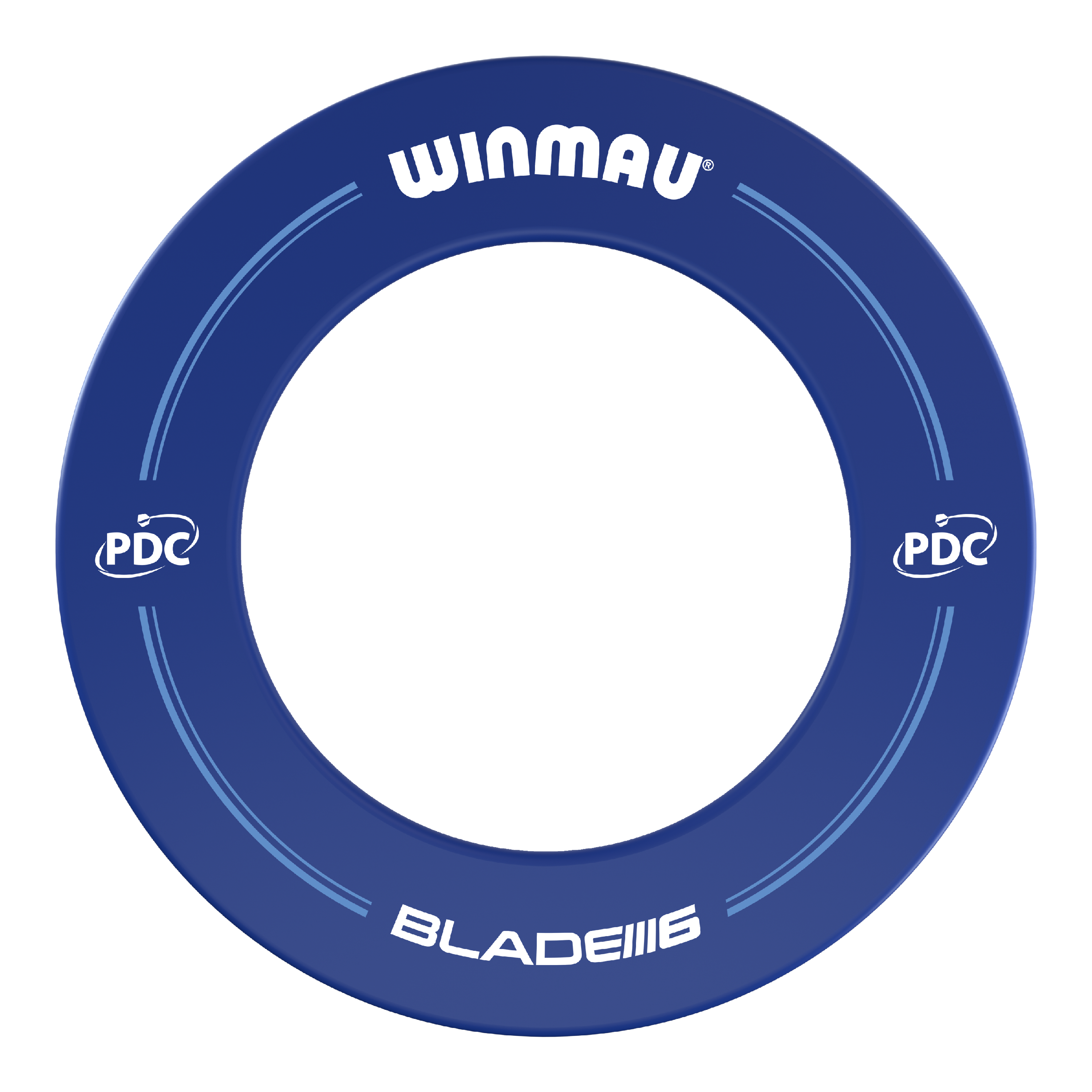 Das Bild zeigt einen blauen Dartboard-Surround der Marke Winmau mit PDC-Logo. Auf dem Ring stehen die Worte "WINMAU" und "BLADE 6".