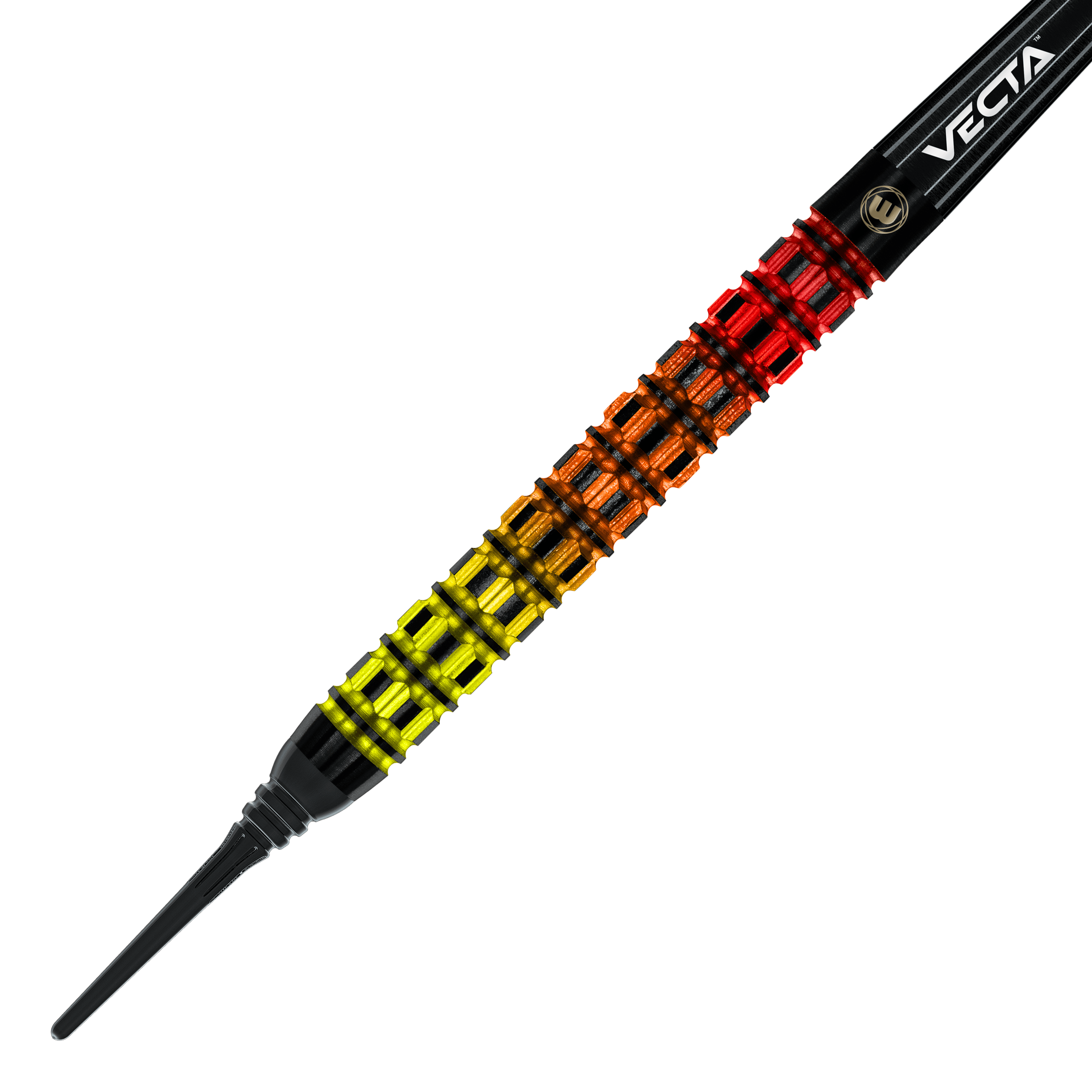 Winmau Firestorm Flame Parallel Softdarts - 20g Das Bild zeigt einen Winmau Firestorm Flame Parallel Softdart mit 20 Gramm Gewicht. Der Dart hat ein auffälliges Griffdesign in den Farben Gelb, Orange und Rot.