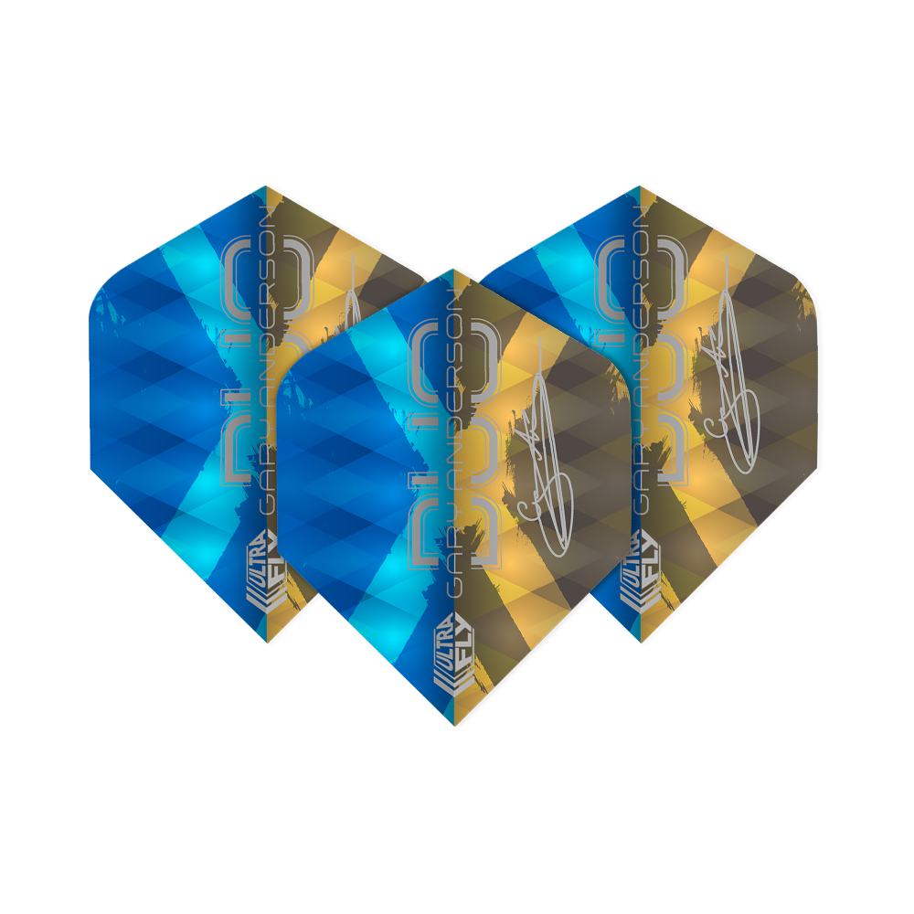 Unicorn Ultrafly 100 Gary Anderson Duo Plus-vluchten Das Bild zeigt drei Dartflights der Marke "Unicorn Ultrafly 100 Gary Anderson Duo Plus". Die Flights sind in den Farben Blau und Gold gestaltet und tragen den Schriftzug "Gary Anderson".