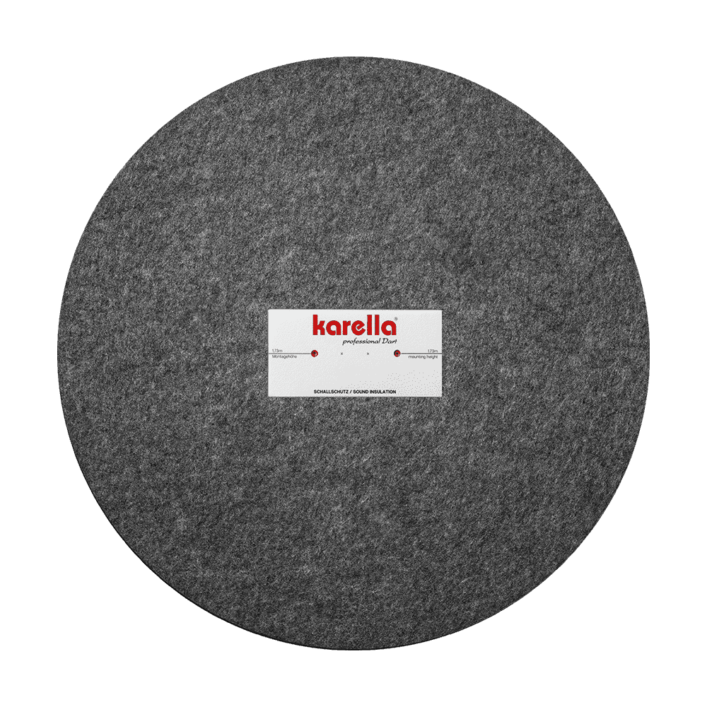 811501_Karella_Schallschutz_f-r_Steeldartboards_3 Das Bild zeigt den Schallschutz "Karella" für Steeldartboards mit integriertem Surround Auffangring. Es handelt sich um eine große, runde, graue Matte mit einem weißen Karella-Logo in der Mitte.