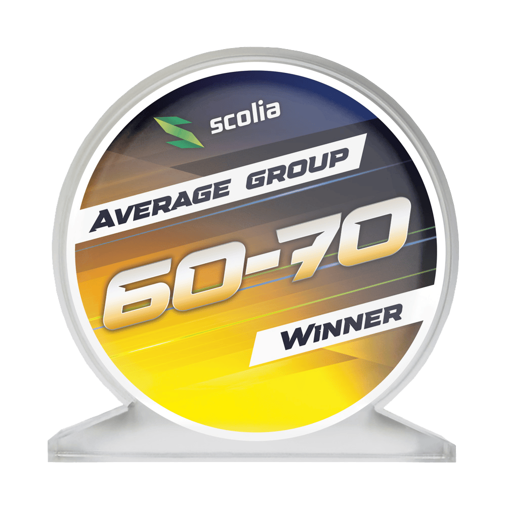 Scolia Acrylglas Trofee - Winnaar Auf dem Bild sieht man einen Acrylglaspokal mit der Aufschrift 'Average 60-70'. Die Trophäe ist rechteckig und durchsichtig.