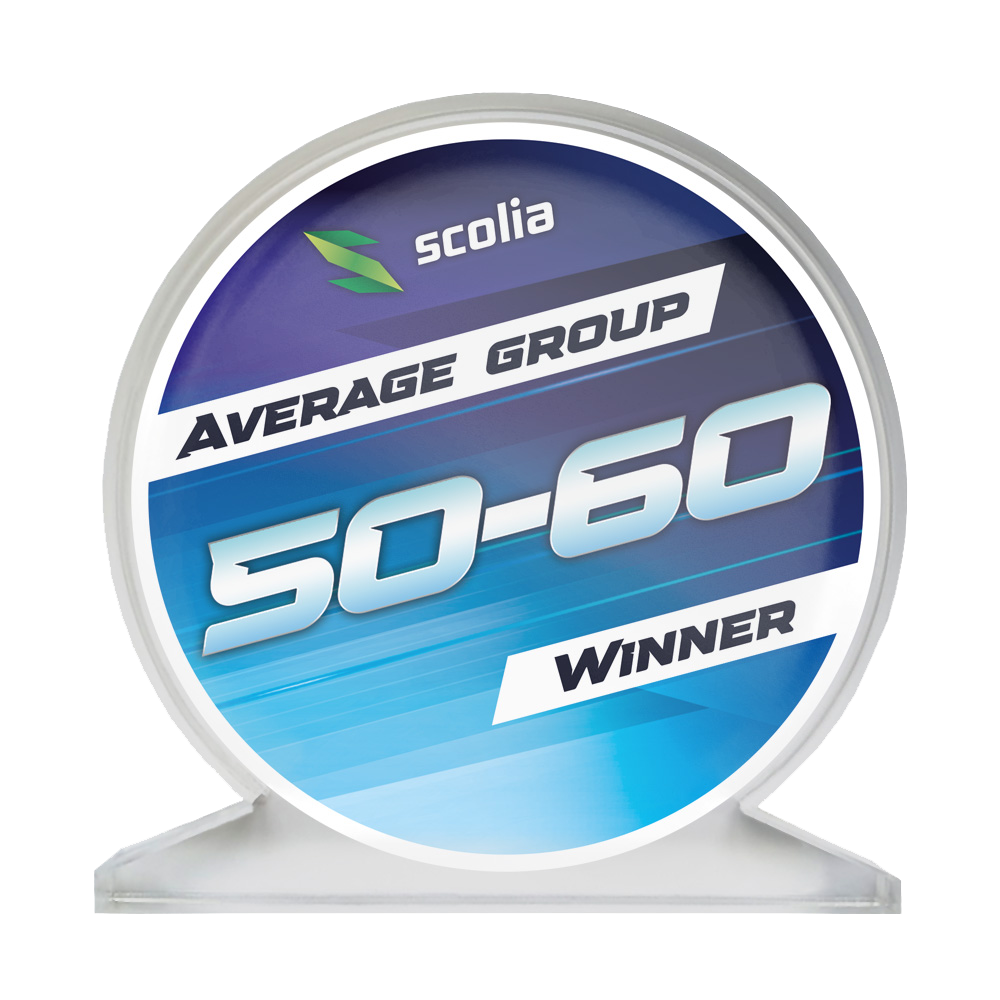 Scolia Acrylglas Trofee - Winnaar Acrylglaspokal mit der Aufschrift 'Average 50-60' ist zu sehen. Das Design zeigt eine klare, rechteckige Trophäe.