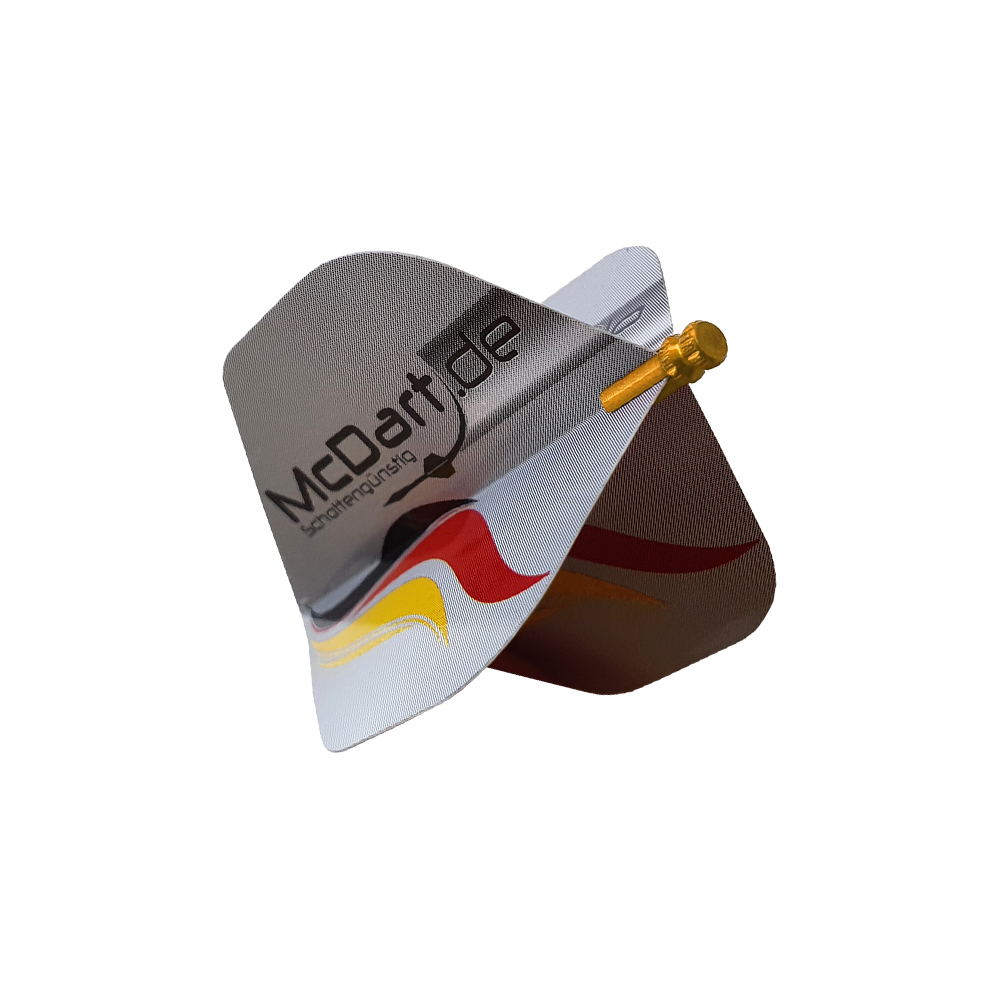 Das Bild zeigt ein Produkt namens "Alu Flightschoner", das an einem Dart-Flight befestigt ist. Der Flightschoner ist aus Aluminium und dient zum Schutz der Dart-Flights.