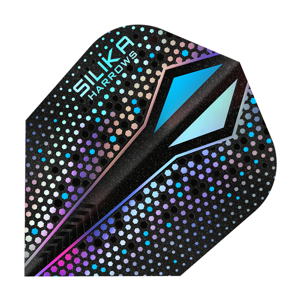Harrows Silika Colourshift sterke kristallijne coating Silver-X No6 Flights Das Bild zeigt ein Dart-Flight mit dem Namen "Harrows Silika Colourshift Tough Crystalline Coating Silver-X No6". Das Flight hat ein glänzendes, sechseckiges Muster mit schimmernden Farben und einem markanten blauen Designelement.