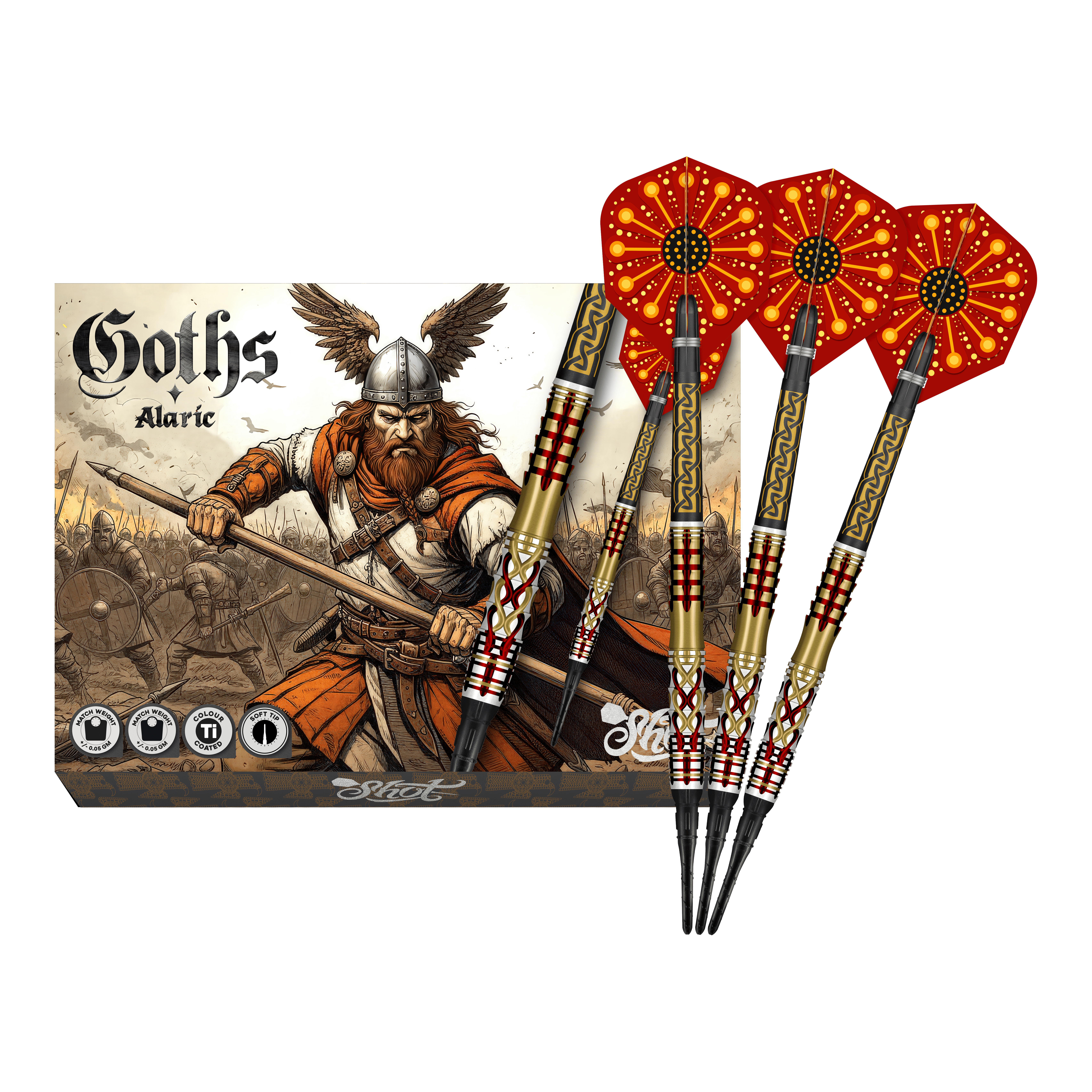 Shot Goths Alaric Soft Darts - 20g Abgebildet sind die Shot Goths Alaric Softdarts - 20g in voller Ansicht. Die gesamte Länge der Darts ist deutlich erkennbar.