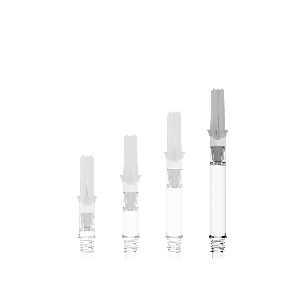 L-L-Style-Shafts Silent Straight - Clear Das Bild zeigt vier durchsichtige L-Style L-Shafts Silent Straight in unterschiedlichen Längen. Sie sind in einer Reihe von links nach rechts angeordnet.