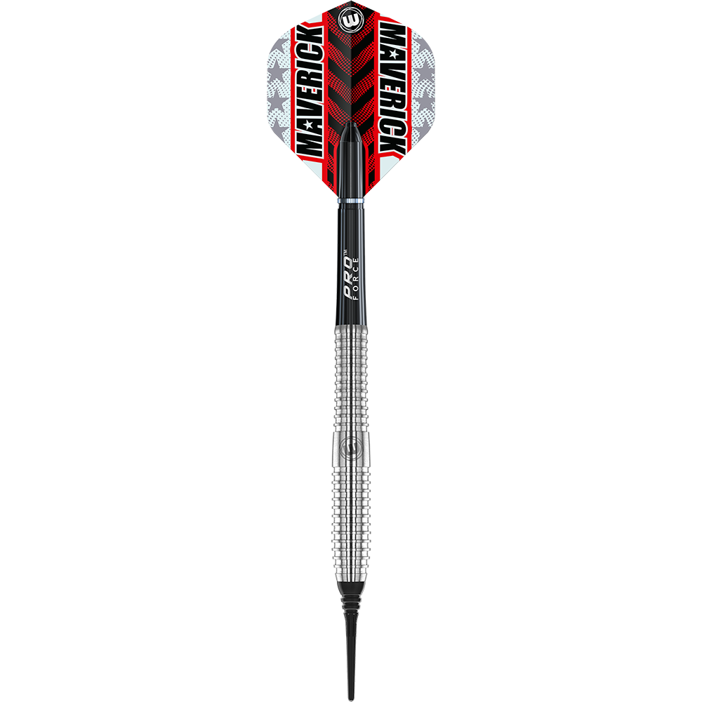 2465_Winmau_Maverick_Softdarts_1 Das Bild zeigt einen Winmau Maverick Softdart mit einem Gewicht von 20 Gramm. Der Dart hat ein silbernes, geriffeltes Griffstück und eine schwarz-rote Flight mit der Aufschrift "MAVERICK".