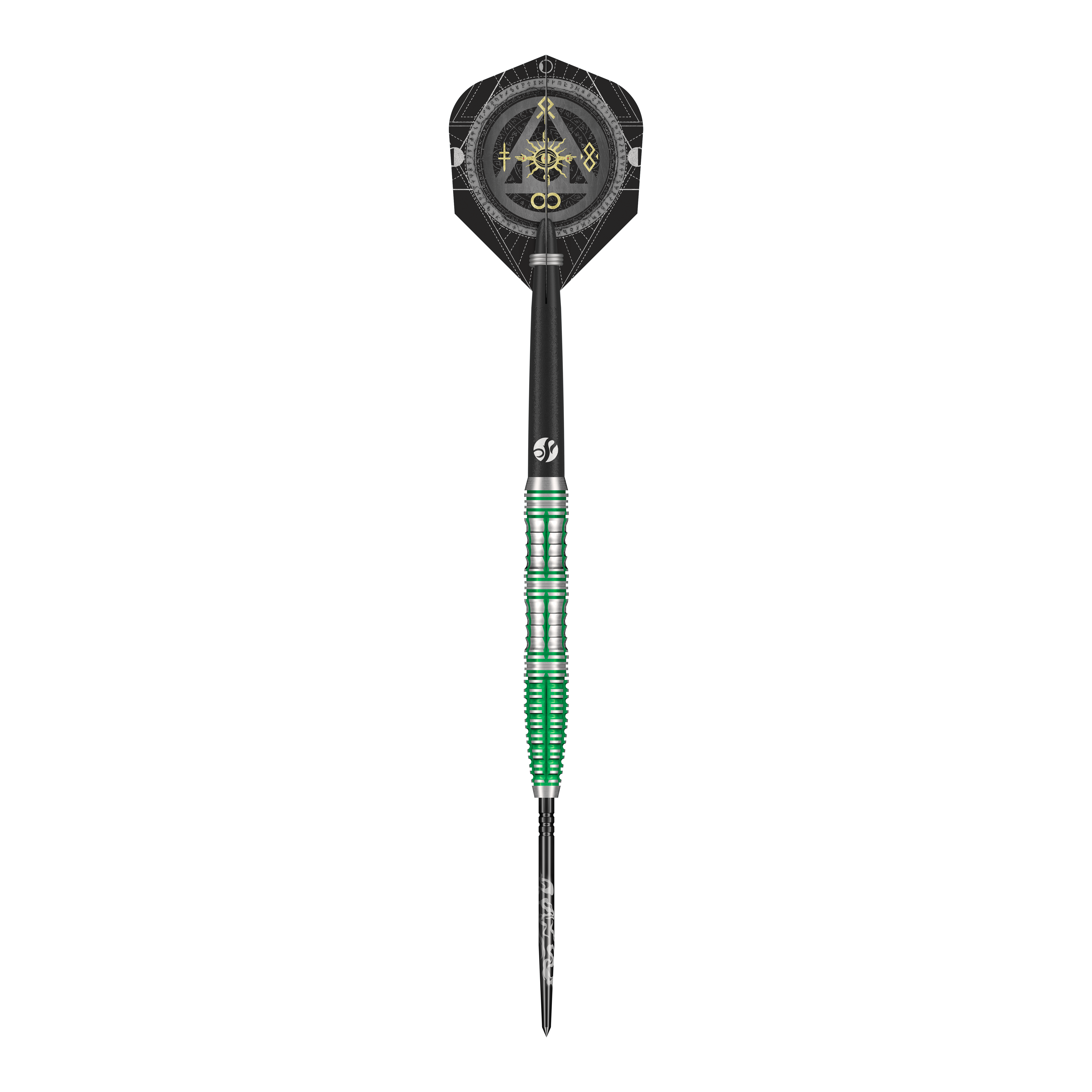 Shot Alchemy Mythril Turbo Point Steeldarts Mehrere Dartpfeile liegen parallel auf einem weißen Untergrund. Sie haben auffällige Spitzen.