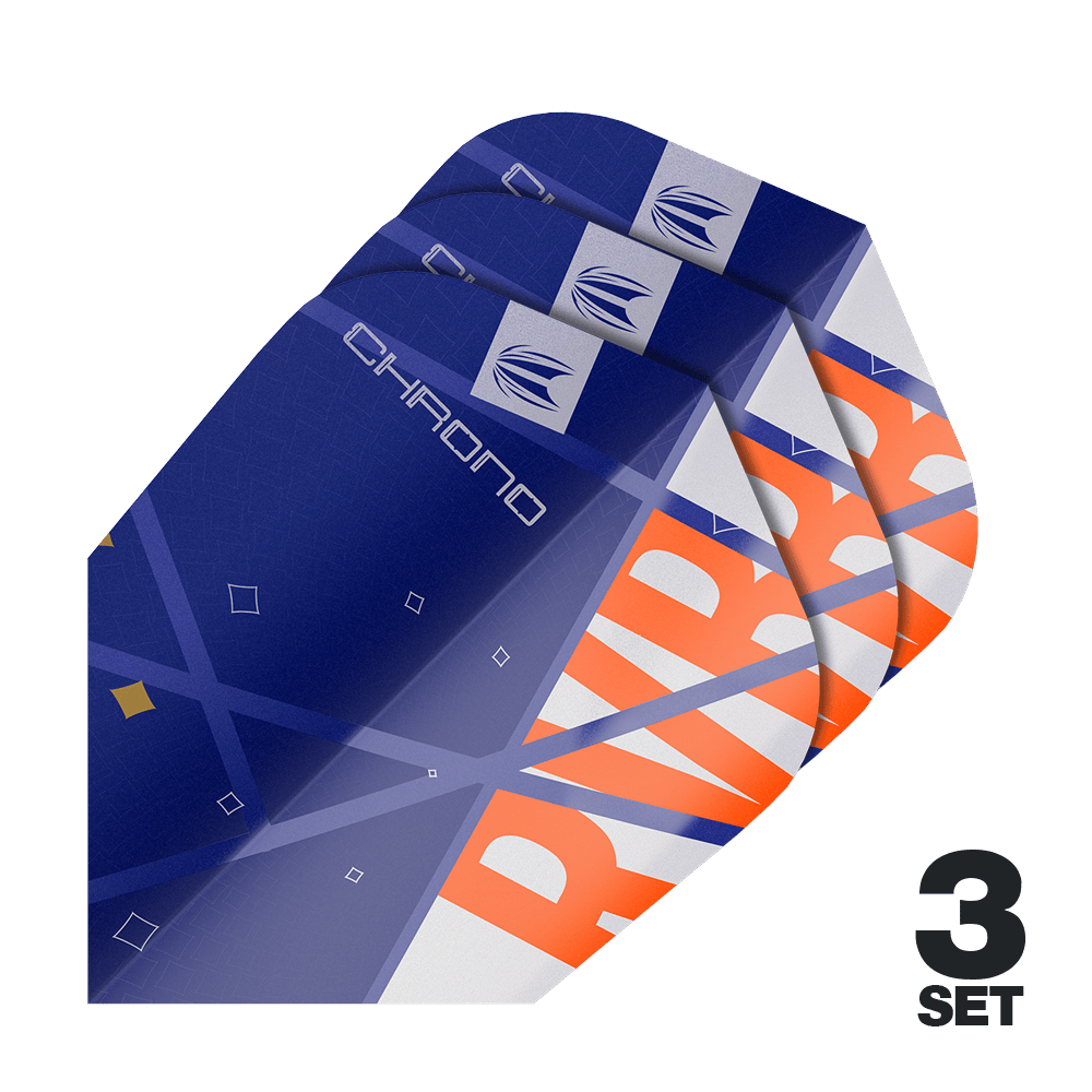 Target Pro Ultra Raymond Van Barneveld Chrono Ten-X Standaardvluchten - 3 sets Auf dem Bild sind drei Sätze von Target Pro Ultra Raymond Van Barneveld Chrono Ten-X Standard Flights zu sehen. Die Flights sind überwiegend blau mit orangefarbenen und weißen Akzenten gestaltet.