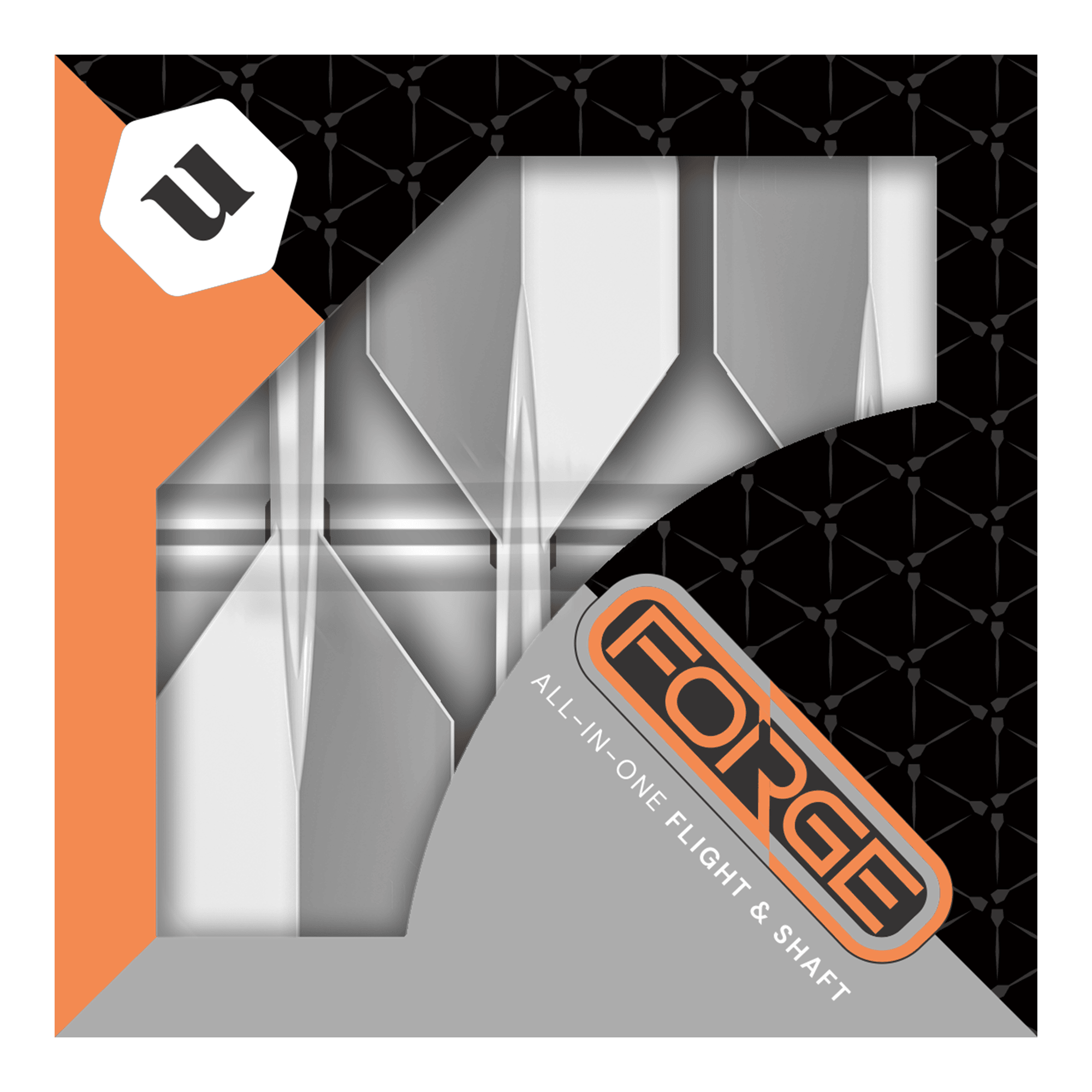 Unicorn Forge All In One Plus No2 Standaard Vluchten Helder - Medium Das Bild zeigt die Verpackung des Produkts „Unicorn Forge All In One Plus No2 Standard Flights Clear - Medium“. Die Verpackung ist in Schwarz, Orange und Grau gehalten und zeigt die Flights und Shafts durch ein Sichtfenster.