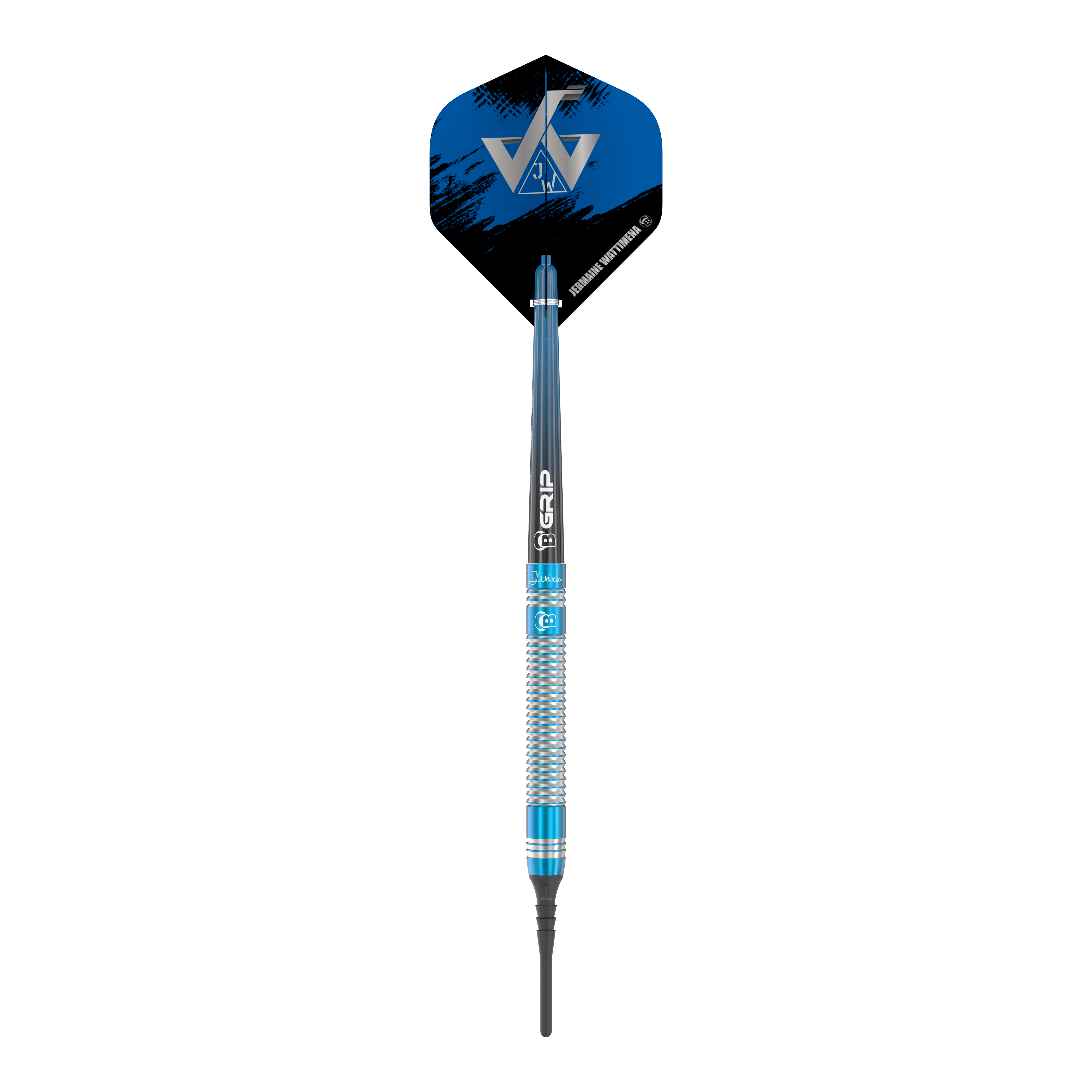 Bulls Jermaine Wattimena Generatie 3 Zachte Darts - 20g Das Bild zeigt einen Bulls Jermaine Wattimena Generation 3 Softdart mit 20g Gewicht. Der Dartpfeil hat ein auffälliges blau-silbernes Design und ein schwarzes Flight mit silbernem Logo.
