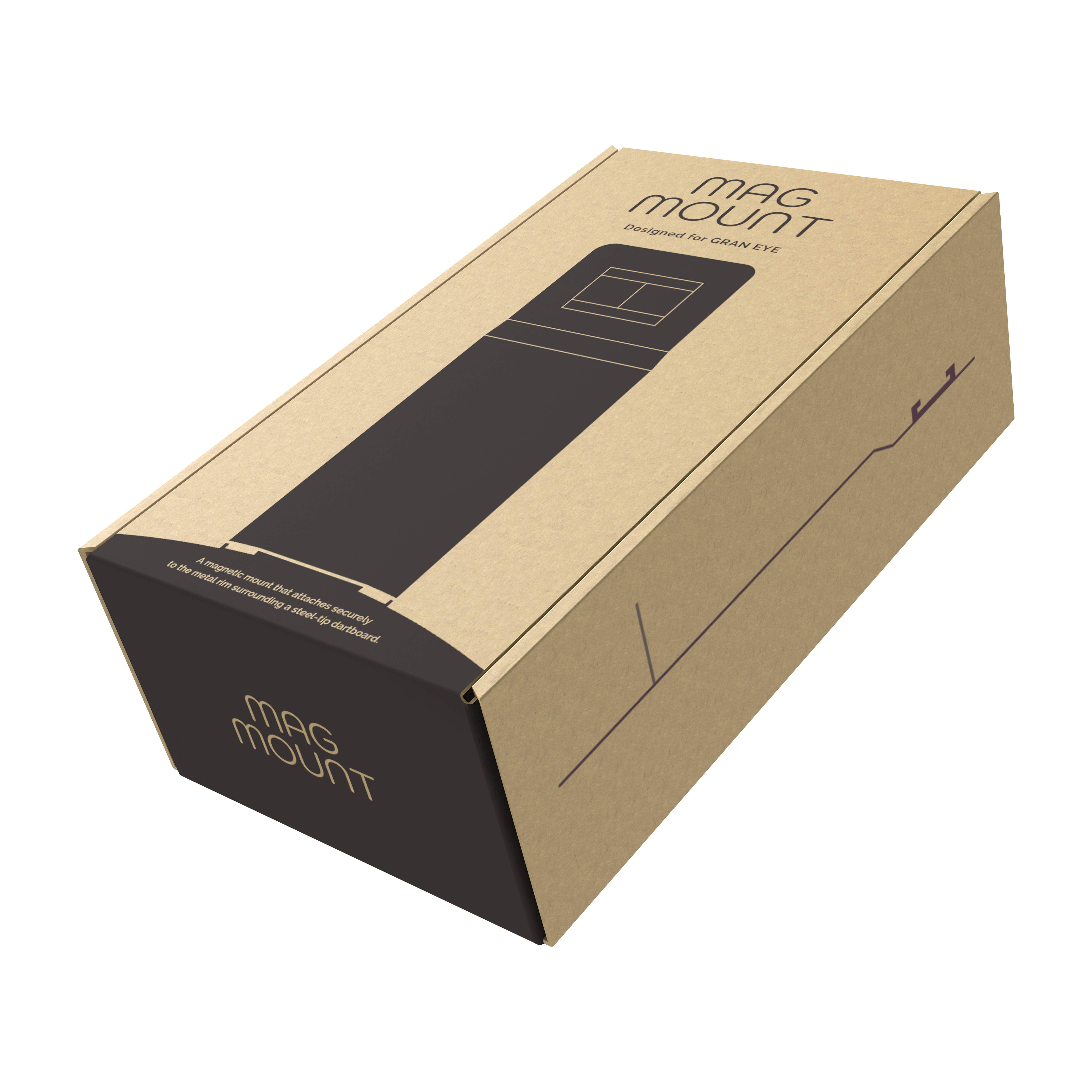 Die Abbildung zeigt eine Verpackung des Produkts "GranDarts GranEye Mag Mount Befestigung". Die Schachtel ist aus braunem Karton und trägt die Aufschrift "Mag Mount".