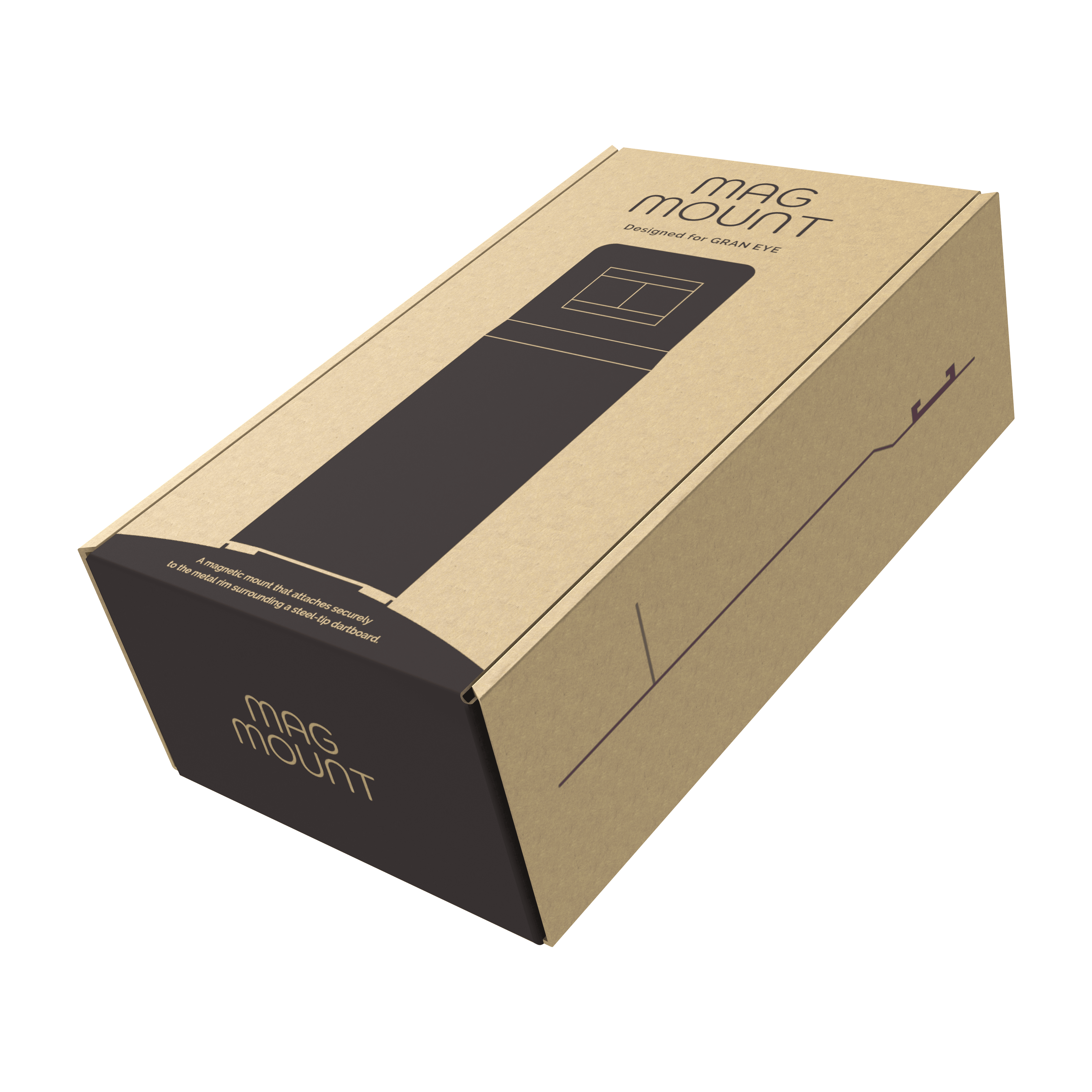 GranDarts Gran Eye Mag Mount-bevestiging Die Abbildung zeigt eine Verpackung des Produkts "GranDarts GranEye Mag Mount Befestigung". Die Schachtel ist aus braunem Karton und trägt die Aufschrift "Mag Mount".