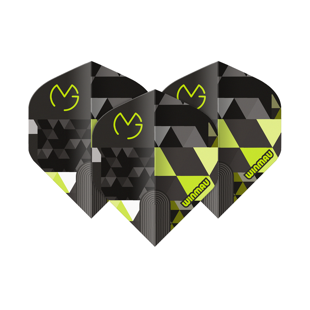 Abgebildet ist Winmau Prism Delta MvG Logo Green No2 Standard Flights. Das Produkt zeigt grüne Dart-Flights mit Logo als Set.