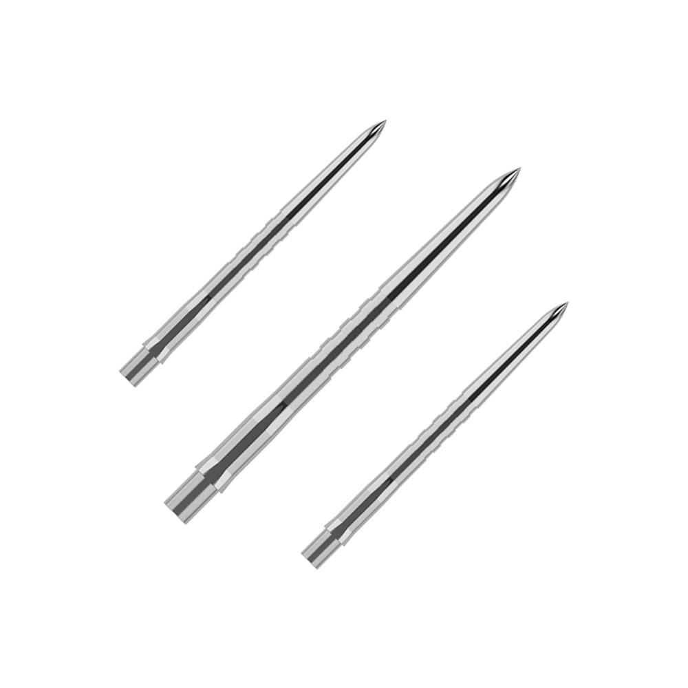 Mission Caliburn EVO dartpunten - gegroefd - zilver Das Bild zeigt drei silberne, gerillte Spitzen für Steeldarts. Sie sind schlank und spitz zulaufend, nebeneinander angeordnet.