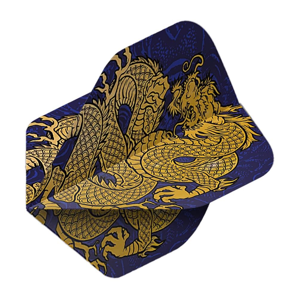 Pentathlon Vluchten Draakblauw Das Bild zeigt die Pentathlon Dragon 4 Standard Flights. Auf den Flights ist ein goldener Drache auf dunkelblauem Hintergrund abgebildet.