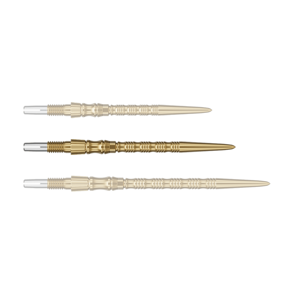Ein einzelner Target SwissPoint Signature TRB Dartspitze in Gold mit 35mm Länge wird präsentiert. Das Produkt ist klar zu erkennen.
