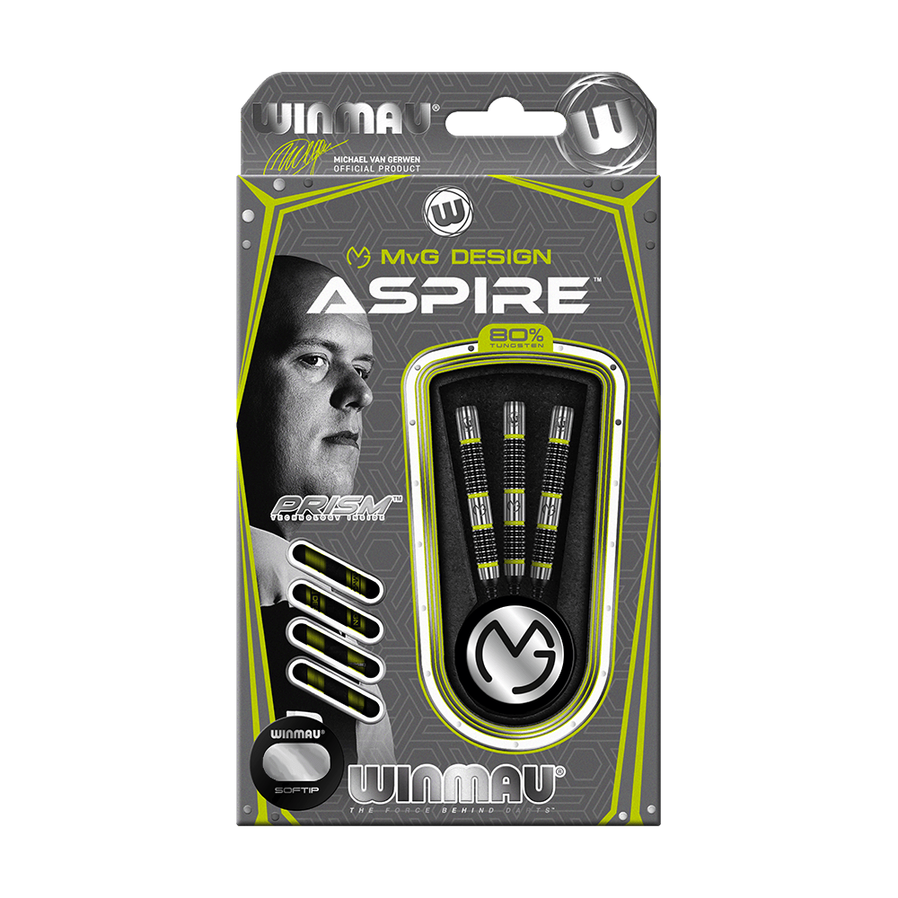 2433_Winmau_Michael_Van_Gerwen_MvG_Aspire_Softdarts_3 Winmau Michael Van Gerwen MvG Aspire Softdarts 20g sind Dartpfeile mit modernen Akzenten. Sie werden nebeneinander präsentiert.
