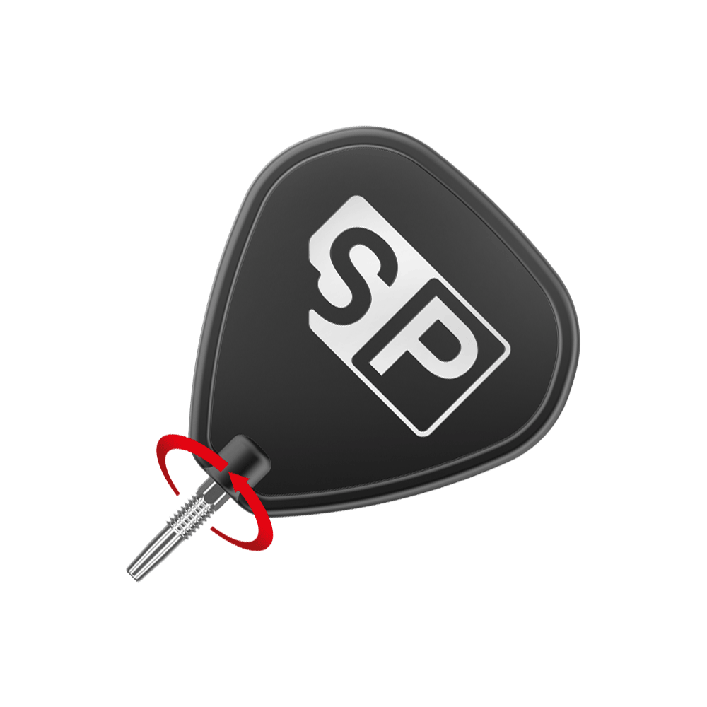 Target Swiss Point Zilveren dartpunten Das Bild zeigt eine silberne Dartspitze, die an einem schwarzen Dartflight mit der Aufschrift "SP" angebracht ist. Ein roter Pfeil deutet darauf hin, dass die Spitze gedreht oder gewechselt werden kann.