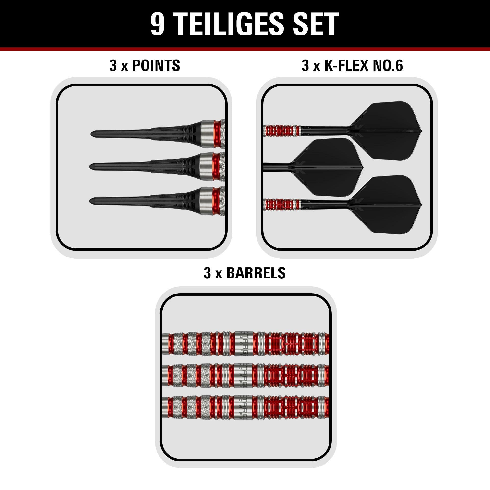 Target Black Marque Spinel Soft Darts - 21,5 g Abgebildet sind Target Black Marque Spinel Softdarts mit einem Gewicht von 21,5g. Sie zeichnen sich durch eine edle Optik und hohe Qualität aus.