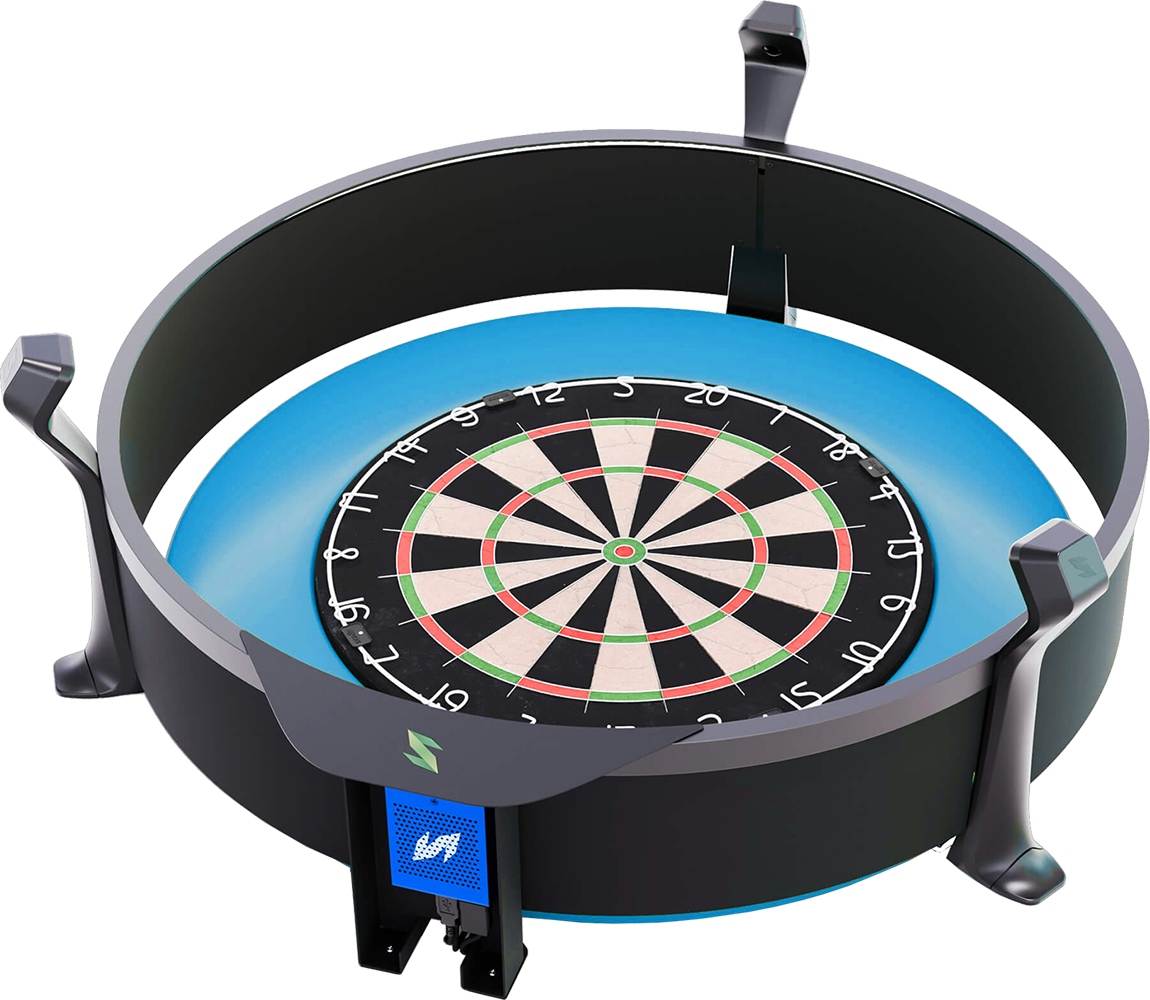Abgebildet ist das Scolia Home 2 FLEX elektronische Punktesystem mit Beleuchtungsring. Das Produkt dient der elektronischen Punkteerfassung beim Darts.