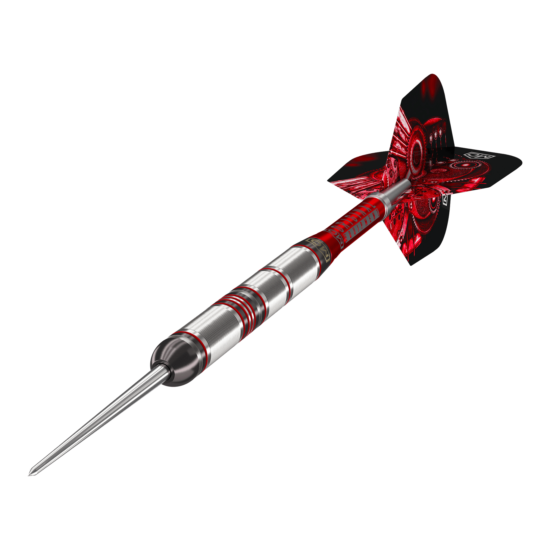 DW Piranha Razor 01 stalen darts Das Bild zeigt einen DW Piranha Razor 01 Steeldart. Der Dartpfeil hat ein silbernes Barrel mit roten Akzenten und rote Flights.