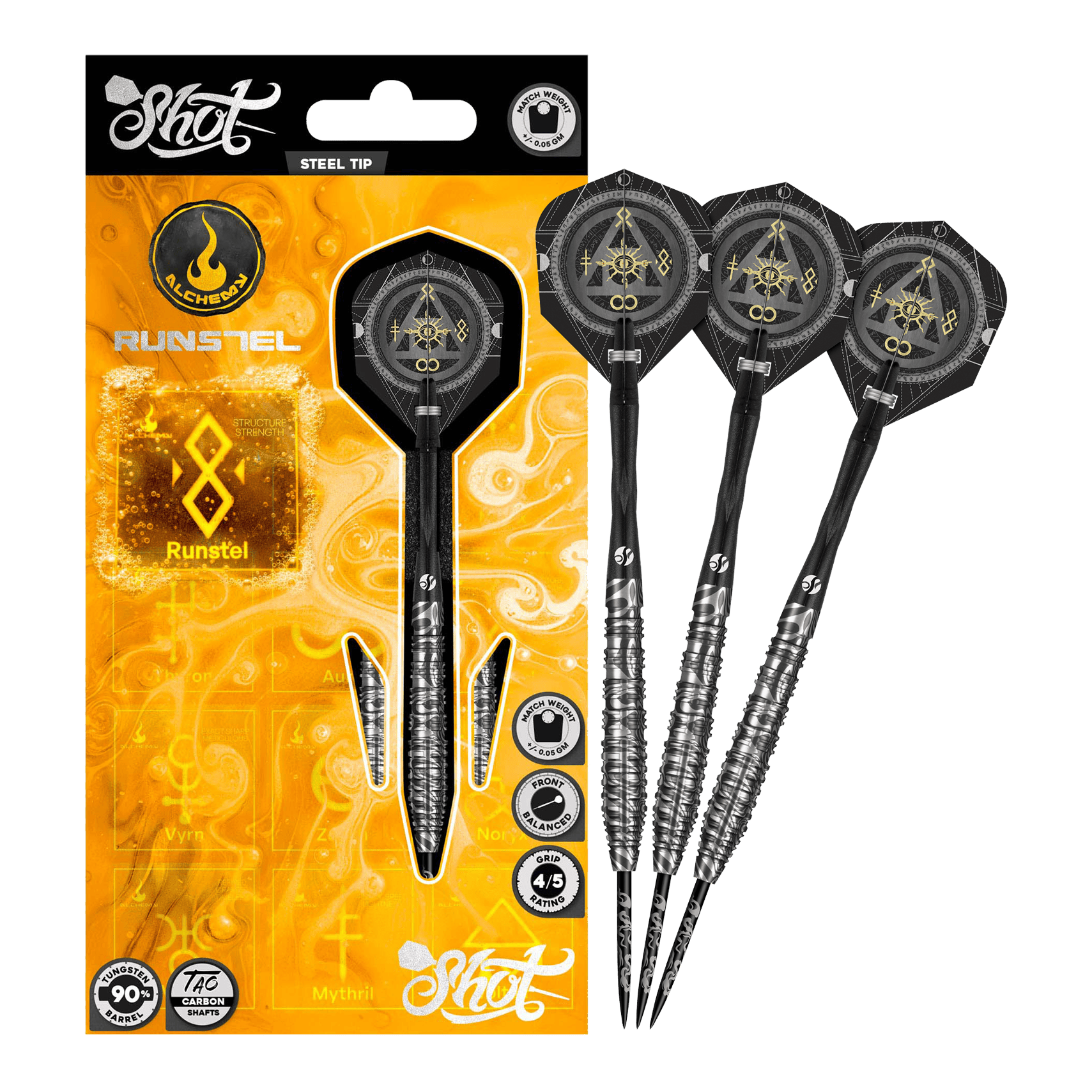 Shot Alchemy Runstel stalen pijlen Hier wird das Modell Shot Alchemy Runstel Steeldarts dargestellt. Die Steeldarts sind komplett und aus der Nähe abgebildet.