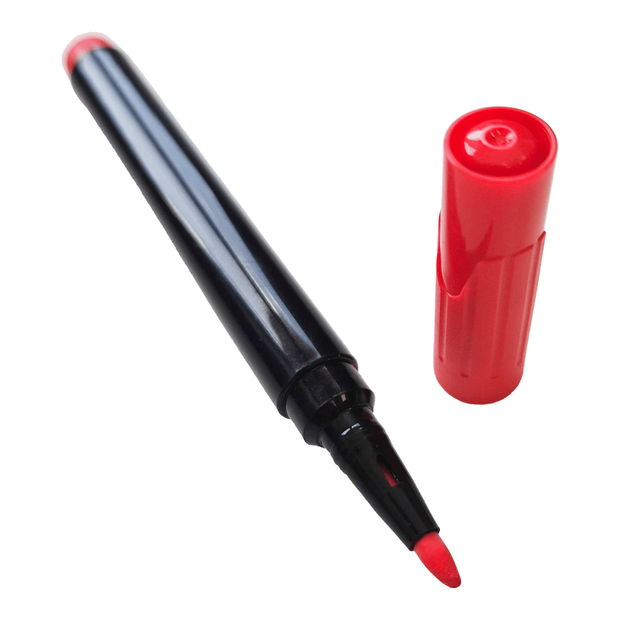 Bordmarker Auf dem Bild ist ein roter Boardmarker mit abgenommener Kappe zu sehen. Der Marker liegt schräg, und die rote Spitze ist gut erkennbar.