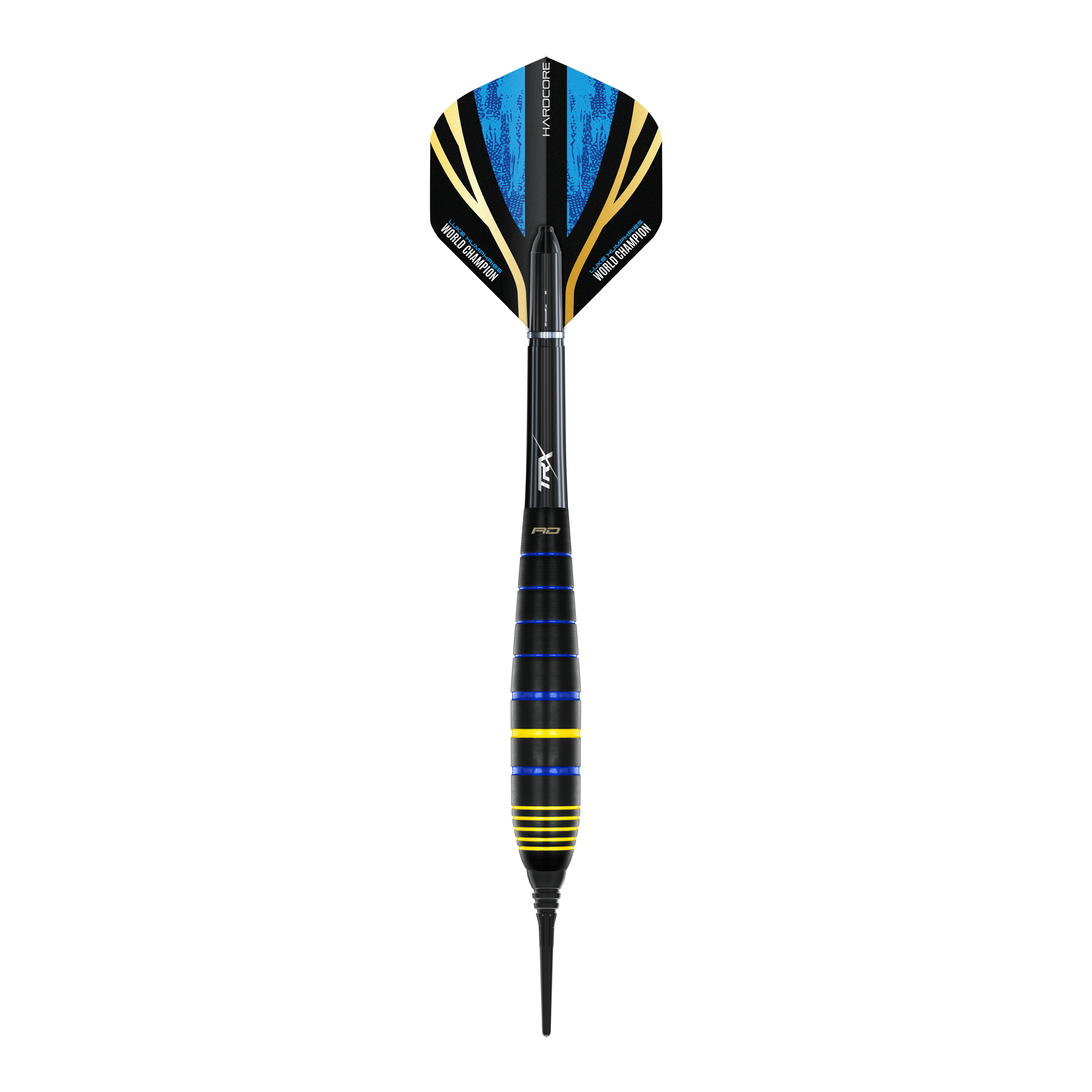 Red Dragon Luke Humphries Wereldkampioen Messing Softdarts - 20g Das Bild zeigt einen Red Dragon Luke Humphries World Champion Brass Softdart mit 20g Gewicht. Der Dart ist schwarz mit blauen und gelben Akzenten gestaltet.
