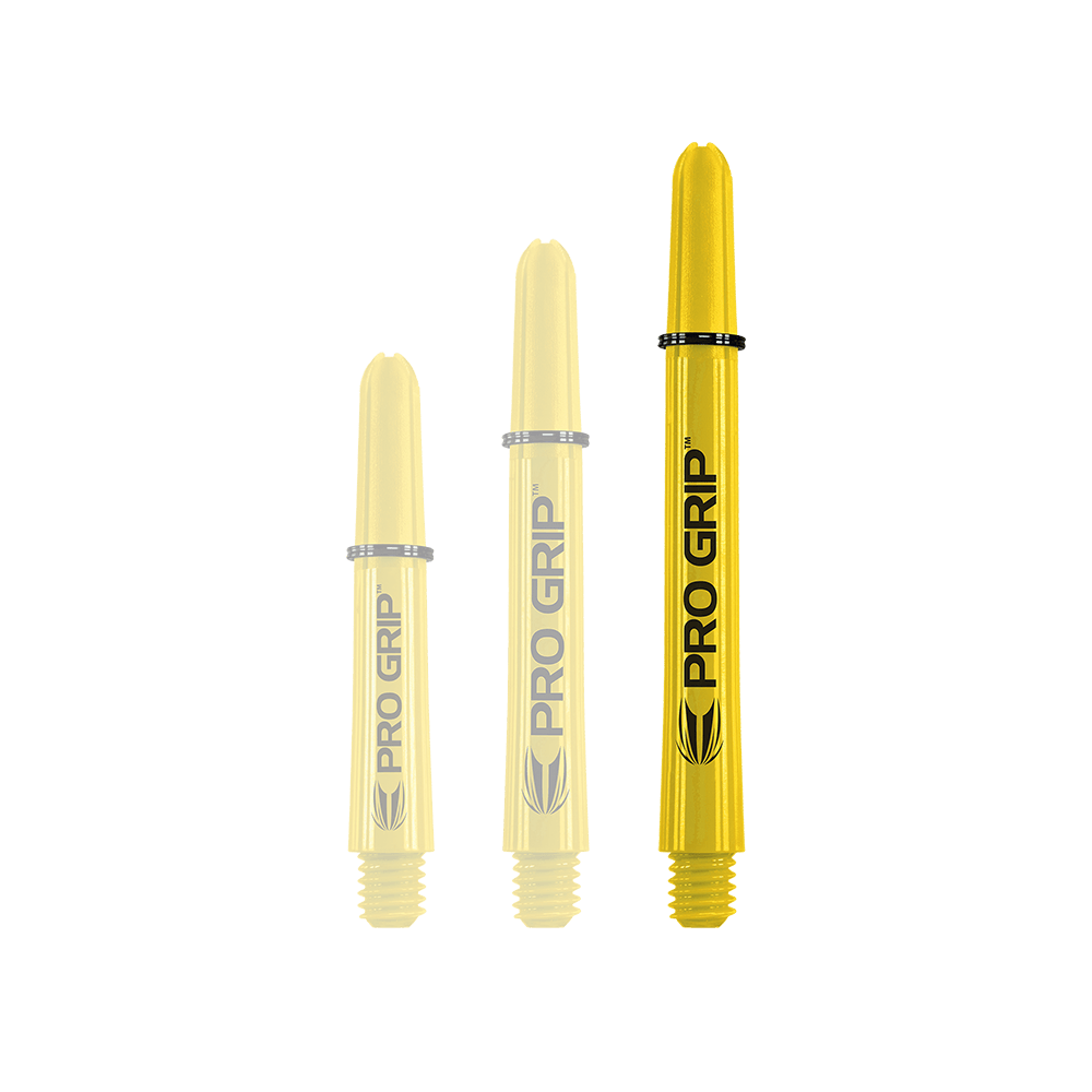 Target Pro Grip Shafts - 3 sets - Geel Auf dem Bild sind drei gelbe Pro Grip Shafts in unterschiedlichen Längen zu sehen. Sie stehen nebeneinander und tragen die Aufschrift "PRO GRIP".