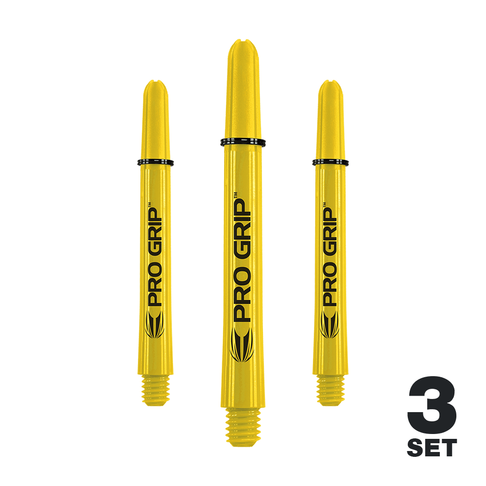 Target Pro Grip Shafts - 3 sets - Geel Auf dem Bild sind drei gelbe Pro Grip Dartschäfte zu sehen. In der rechten unteren Ecke steht „3 Set“.