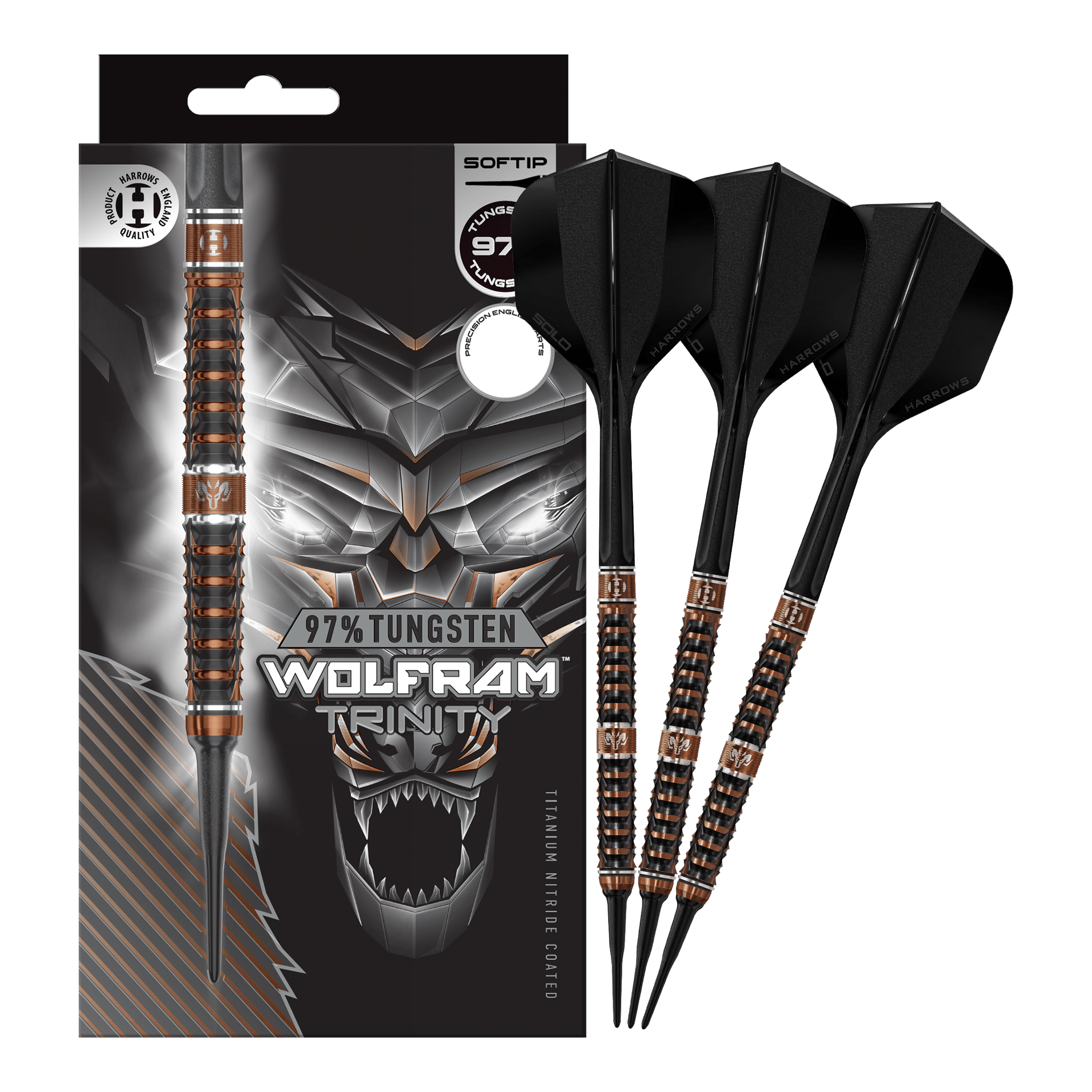 Harrows Tungsten Trinity softdarts Das Bild zeigt die Harrows Wolfram Trinity Softdarts in voller Ansicht. Die Softdarts sind hochwertig verarbeitet.