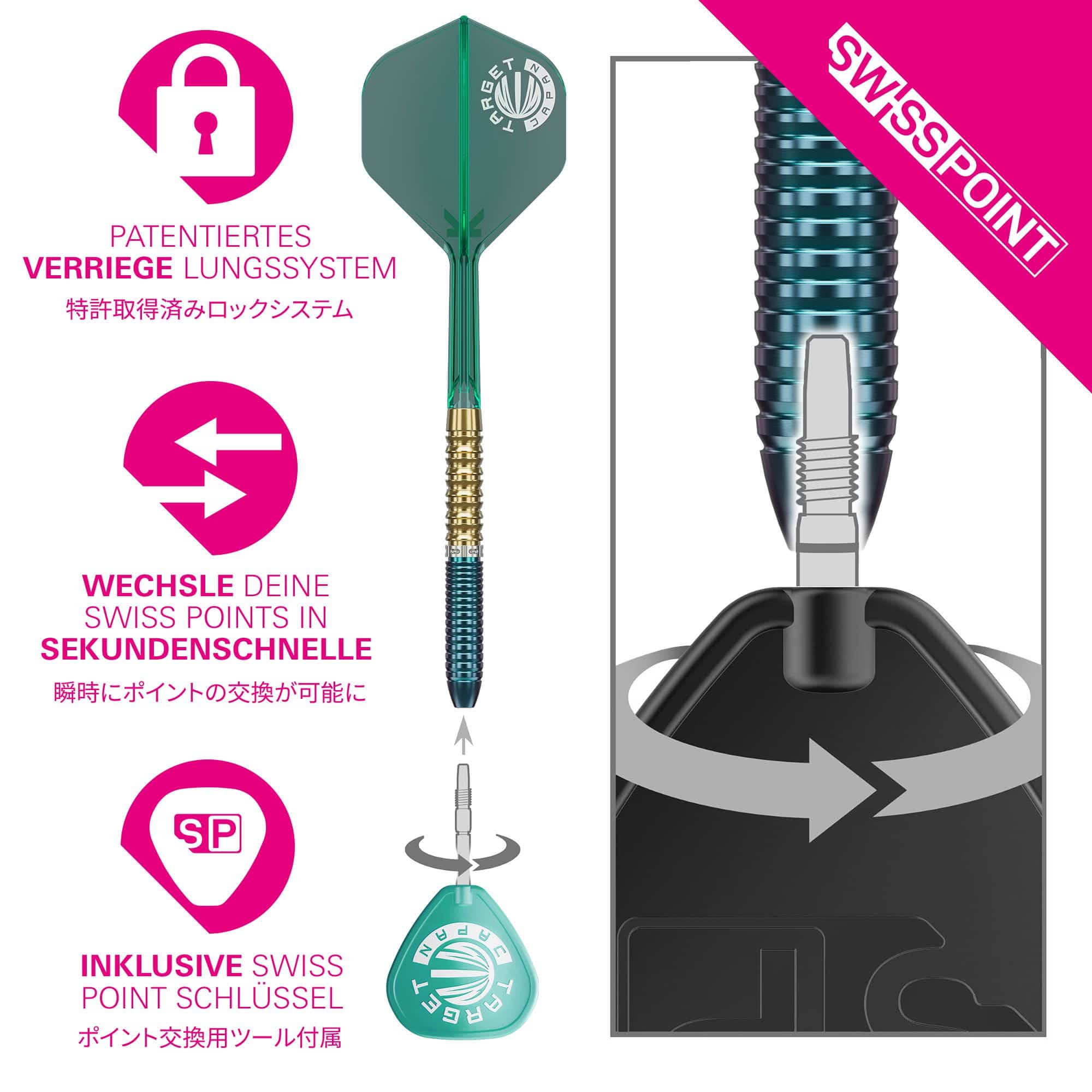 Target Japan Prime Series Zenith GEN 2.5 Swiss Point stalen dartpijlen Target Japan Prime Series Zenith GEN 2.5 Swiss Point Steeldarts sind hochwertige Steeldarts für professionelle Spieler. Das Bild zeigt das Produkt in Nahaufnahme.