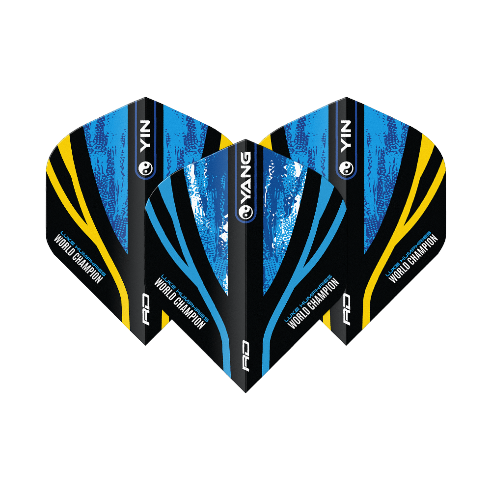 Rode Draak Luke Humphries Wereldkampioen Blauw Goud Yin Yang Standaardvluchten Das Bild zeigt drei Dart-Flights mit dem Design "Red Dragon Luke Humphries World Champion Blue Gold Yin Yang Standard Flights". Die Flights sind in Blau, Schwarz und Gold gehalten und tragen die Aufschrift "World Champion".