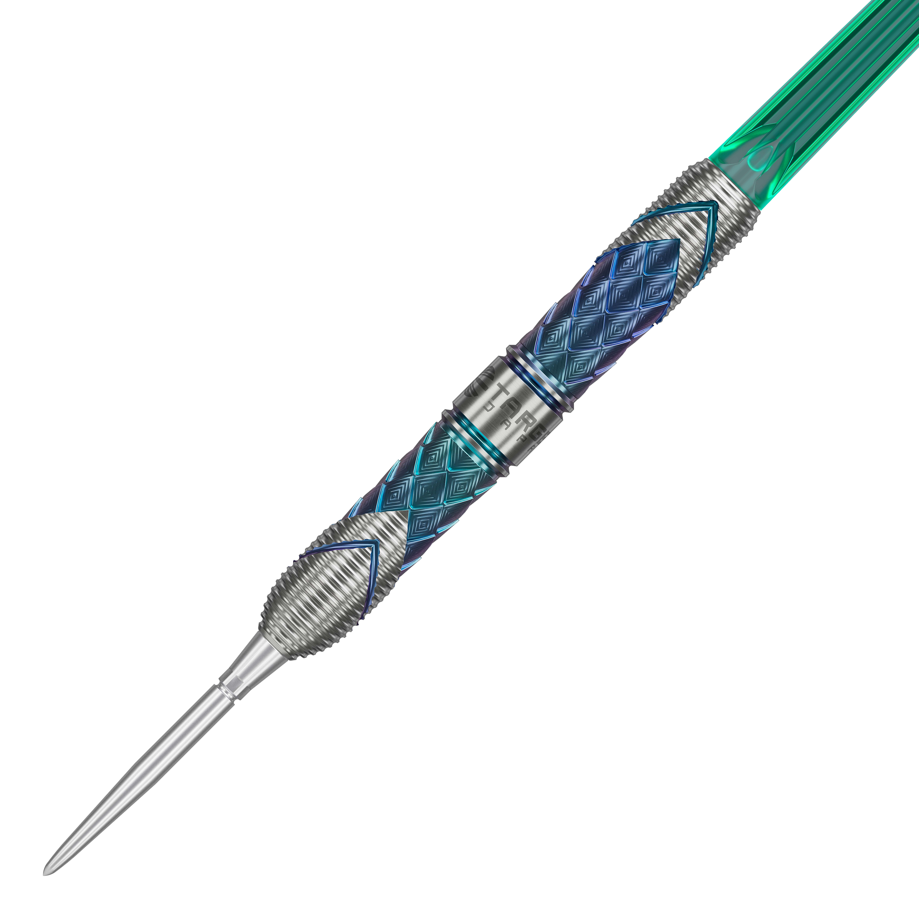 Target Japan Kaze Series Ceros 03 Steeldarts - 24g Dies ist ein Target Japan Kaze Series Ceros 03 Steeldart mit einem Gewicht von 24g. Der Dartpfeil hat ein auffälliges Design mit blauen und silbernen Mustern und einer grünen Kunststoff-Flightschaft.