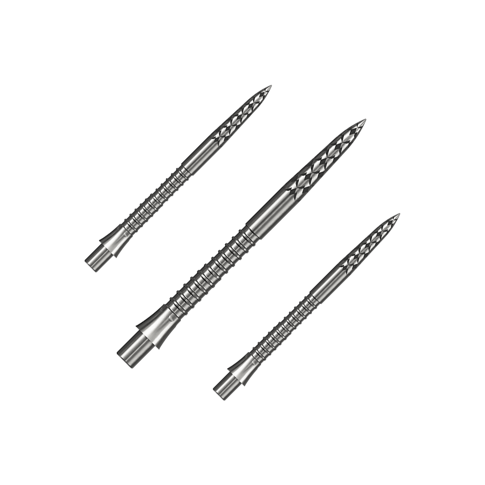 Ein Set silberner Steeldartspitzen ist abgebildet. Die Spitzen sind vermutlich 32 mm lang.