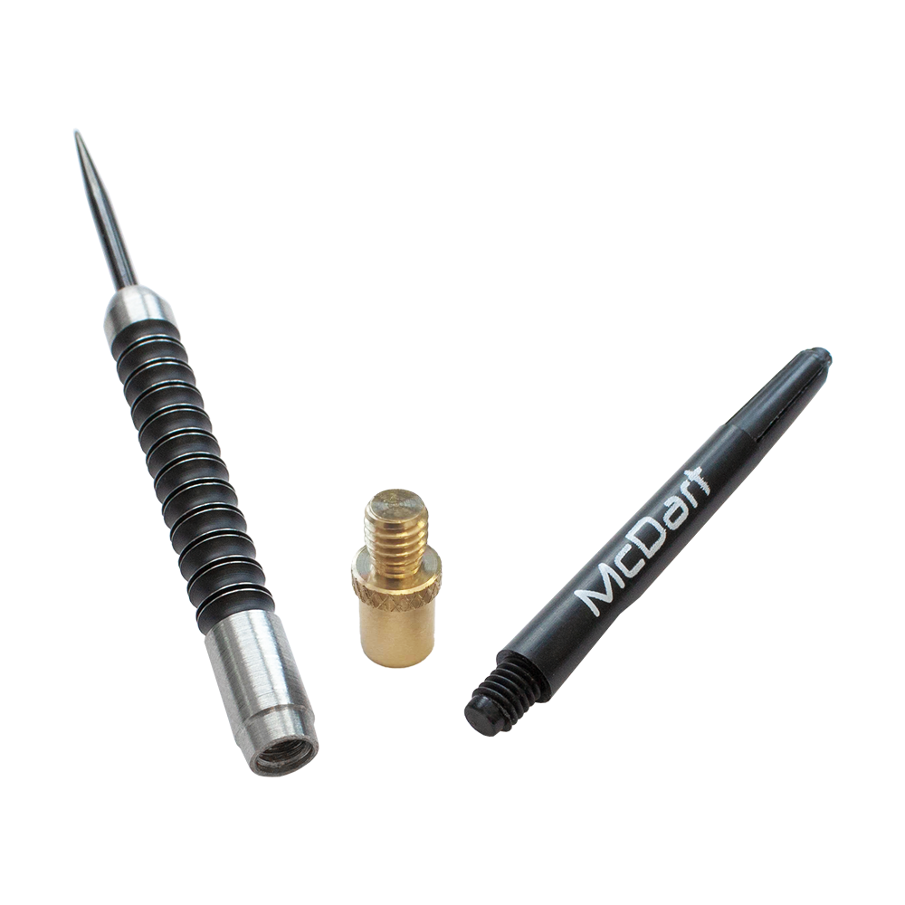 Addagramms Zusatzgewichte Das Bild zeigt das Produkt „Addagramms Zusatzgewichte“ für Dartpfeile. Zu sehen sind ein Dartspitze, ein Zusatzgewicht und ein Schaft.