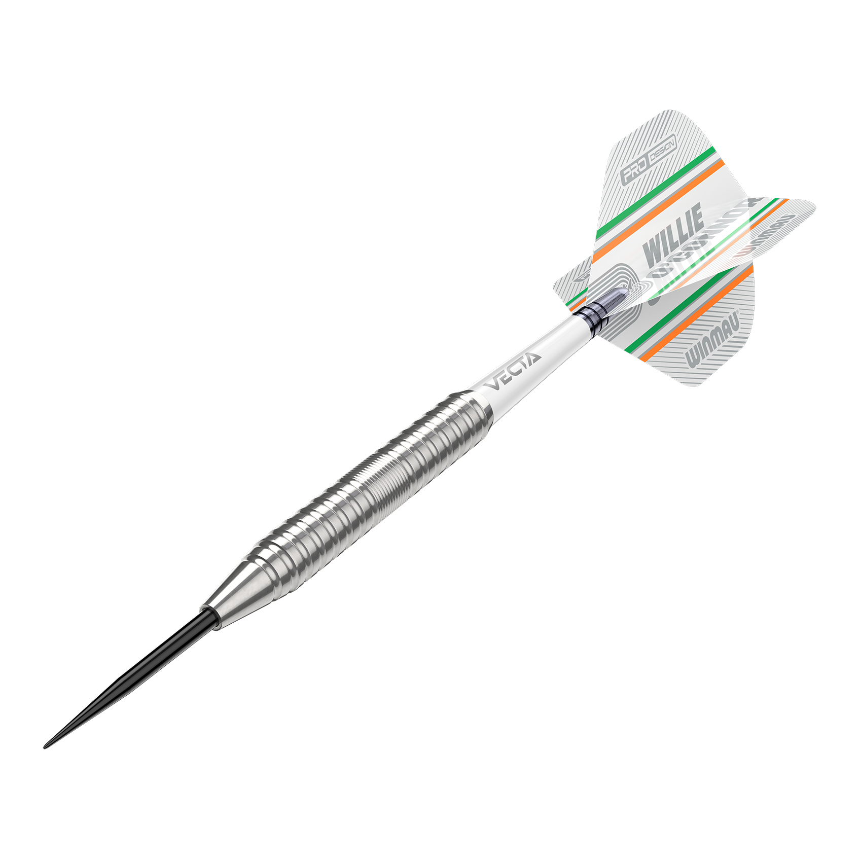 Winmau Willie O'Connor Steel Darts - 23g Das Bild zeigt einen silbernen Steeldartpfeil mit dem Namen "Winmau Willie O'Connor Steeldarts - 23g". Auf dem Flight sind grüne und orange Streifen sowie der Name "Willie O'Connor" zu sehen.