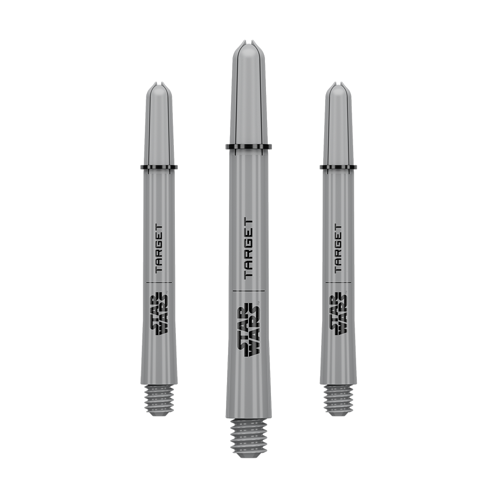Target Star Wars ProGrip Shafts - Grijs Das Bild zeigt ein Dart-Zubehör mit dem Dateinamen 380432_Target_StarWars_ProGrip_Shafts_Grau_Medium_48mm_1Set. Es handelt sich vermutlich um einen grauen Medium ProGrip Shaft von Star Wars mit 48mm Länge als Set.