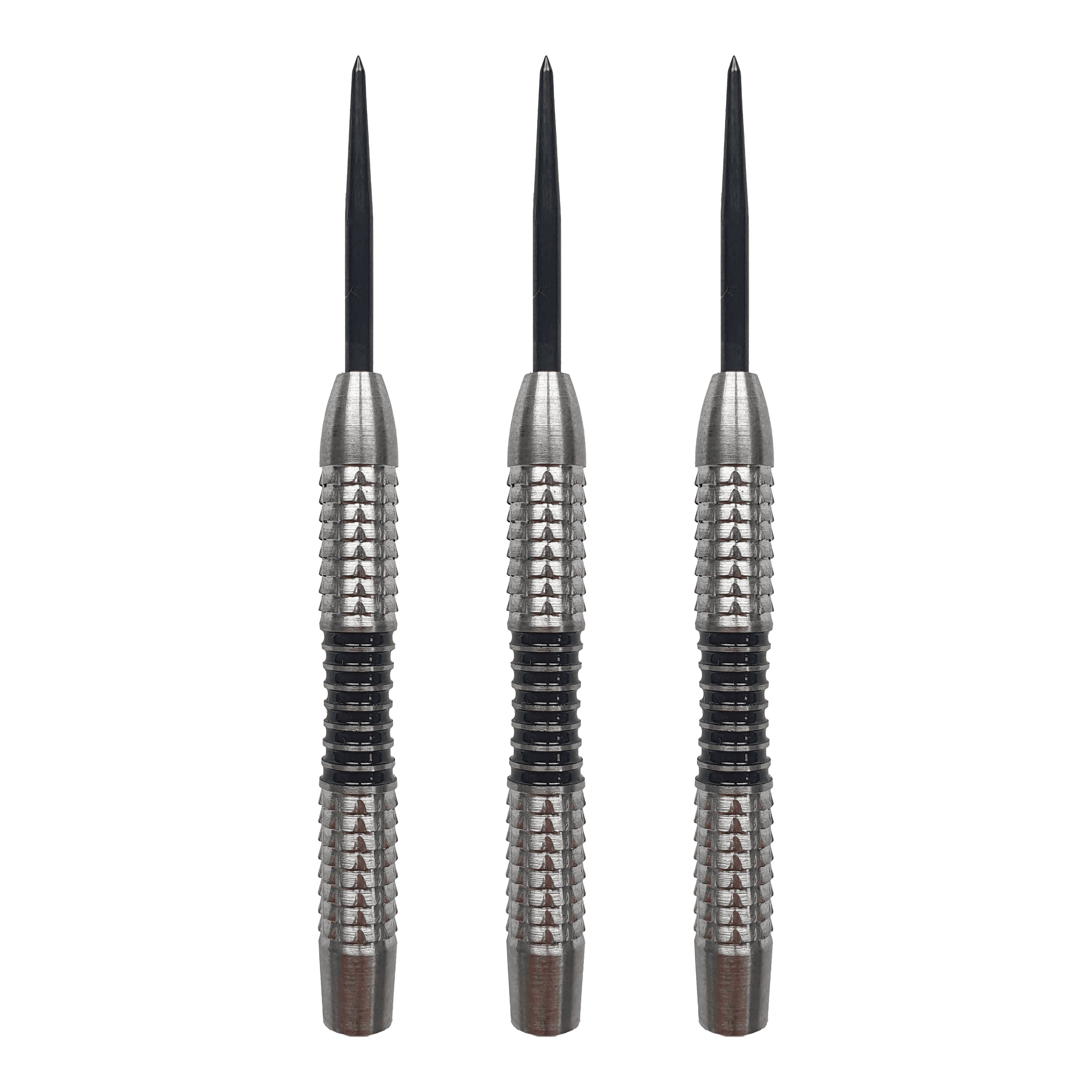 Das Bild zeigt drei silberne Steeldart-Barrels mit schwarzen Streifen in der Mitte. Sie sind von der Marke McDart und stehen nebeneinander aufrecht.